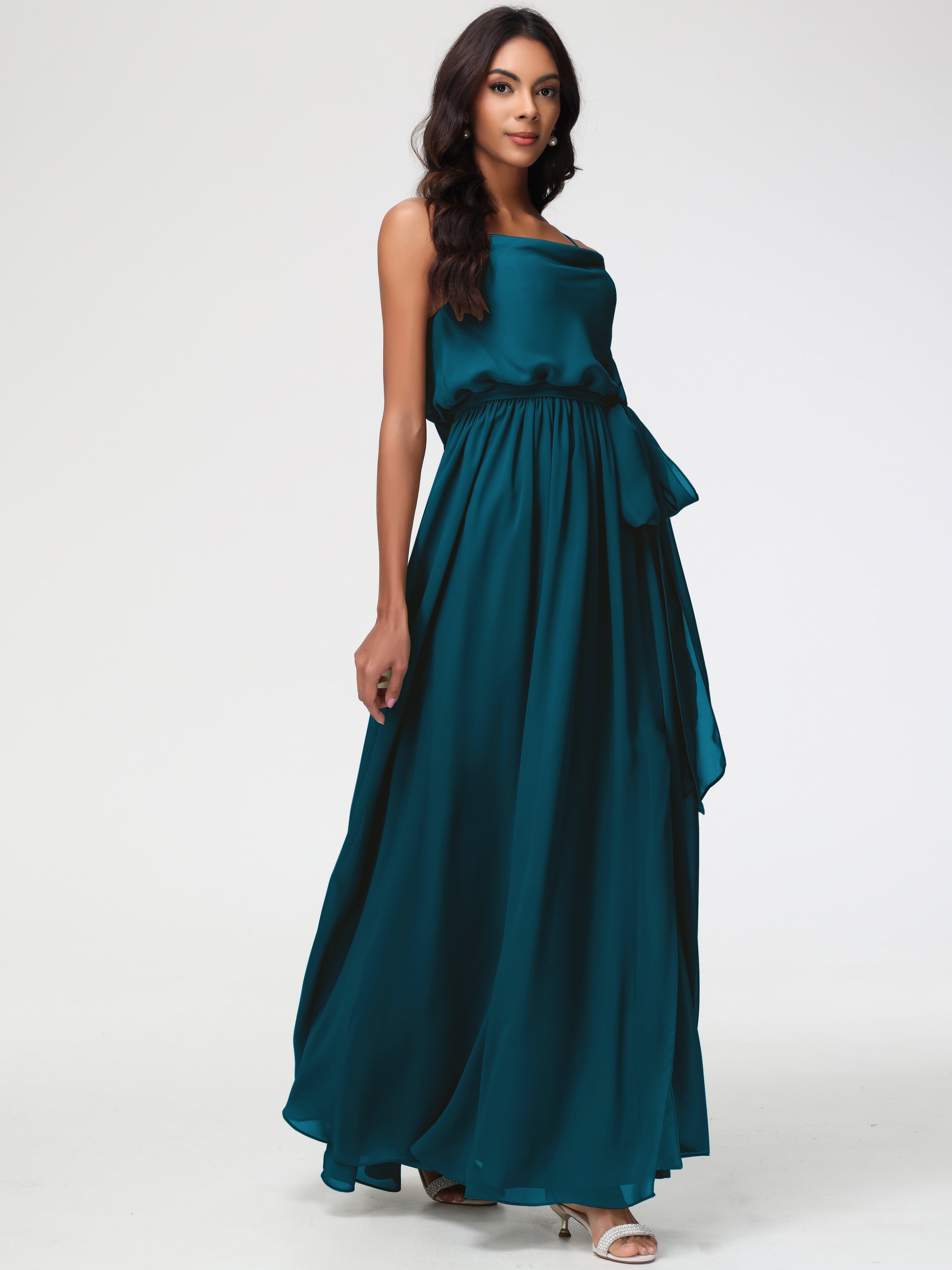 A-Line Cowl Spaghetti Straps Sleeveless Long Split Chiffon Bridesmaid Dresses