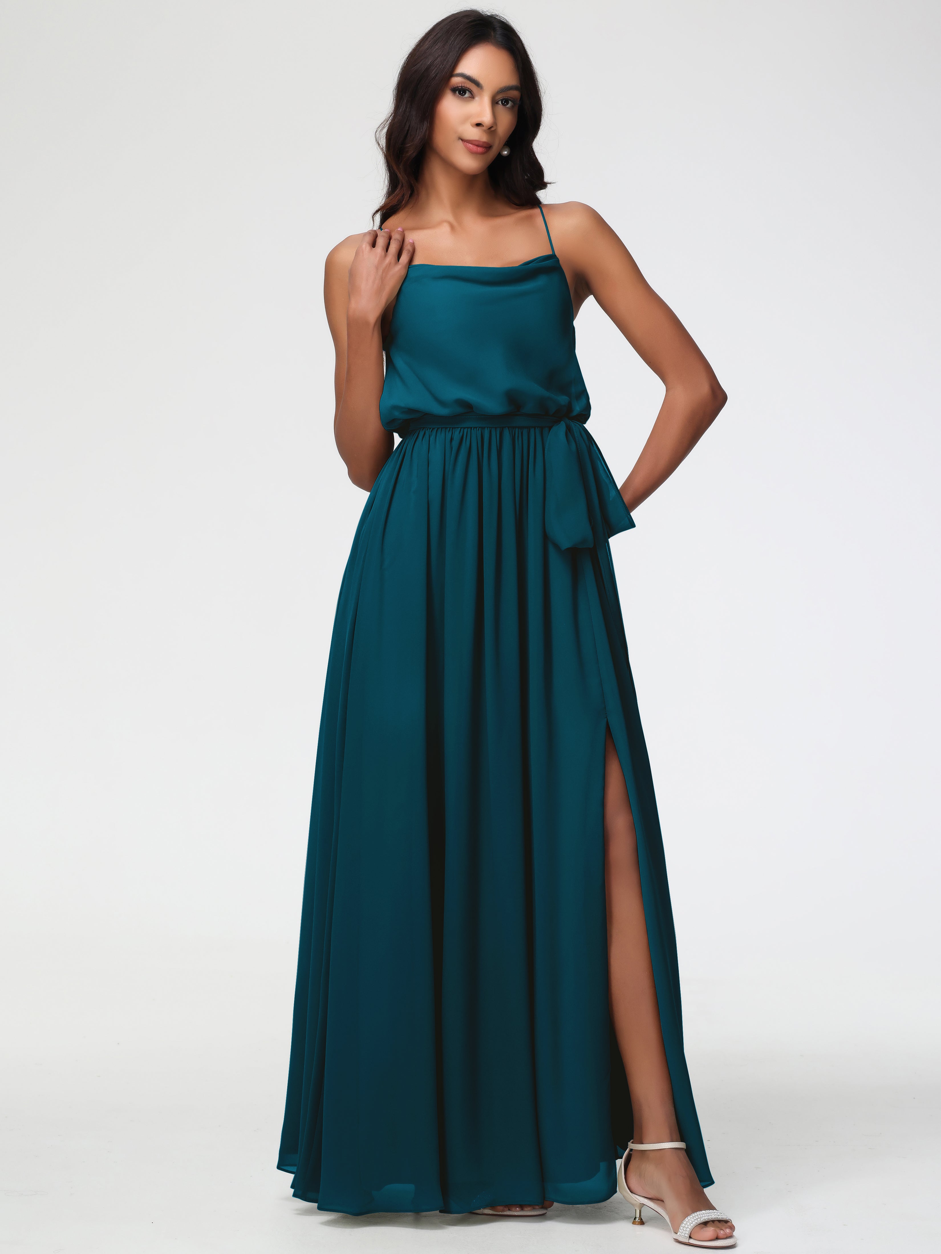 A-Line Cowl Spaghetti Straps Sleeveless Long Split Chiffon Bridesmaid Dresses
