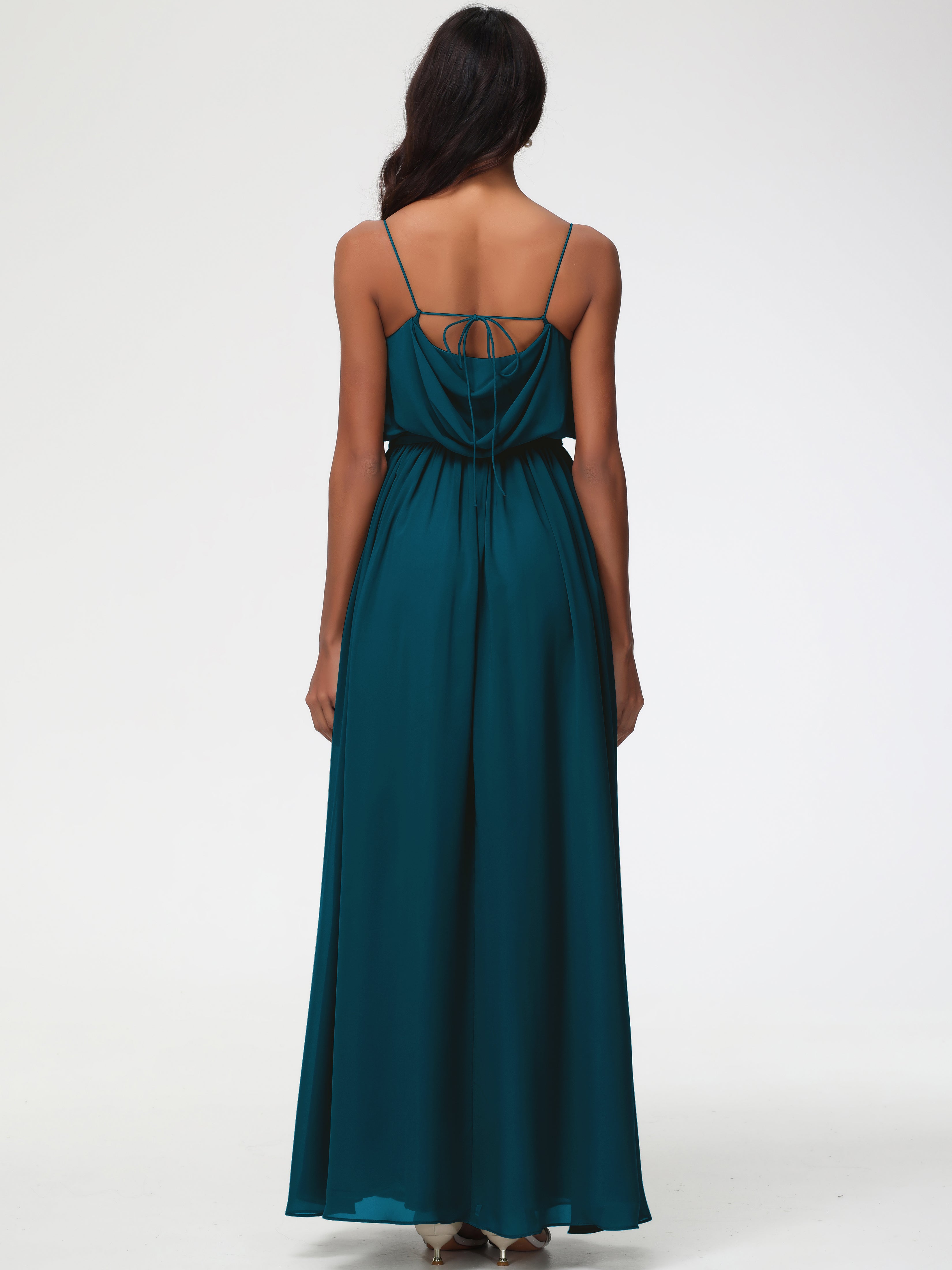 A-Line Cowl Spaghetti Straps Sleeveless Long Split Chiffon Bridesmaid Dresses