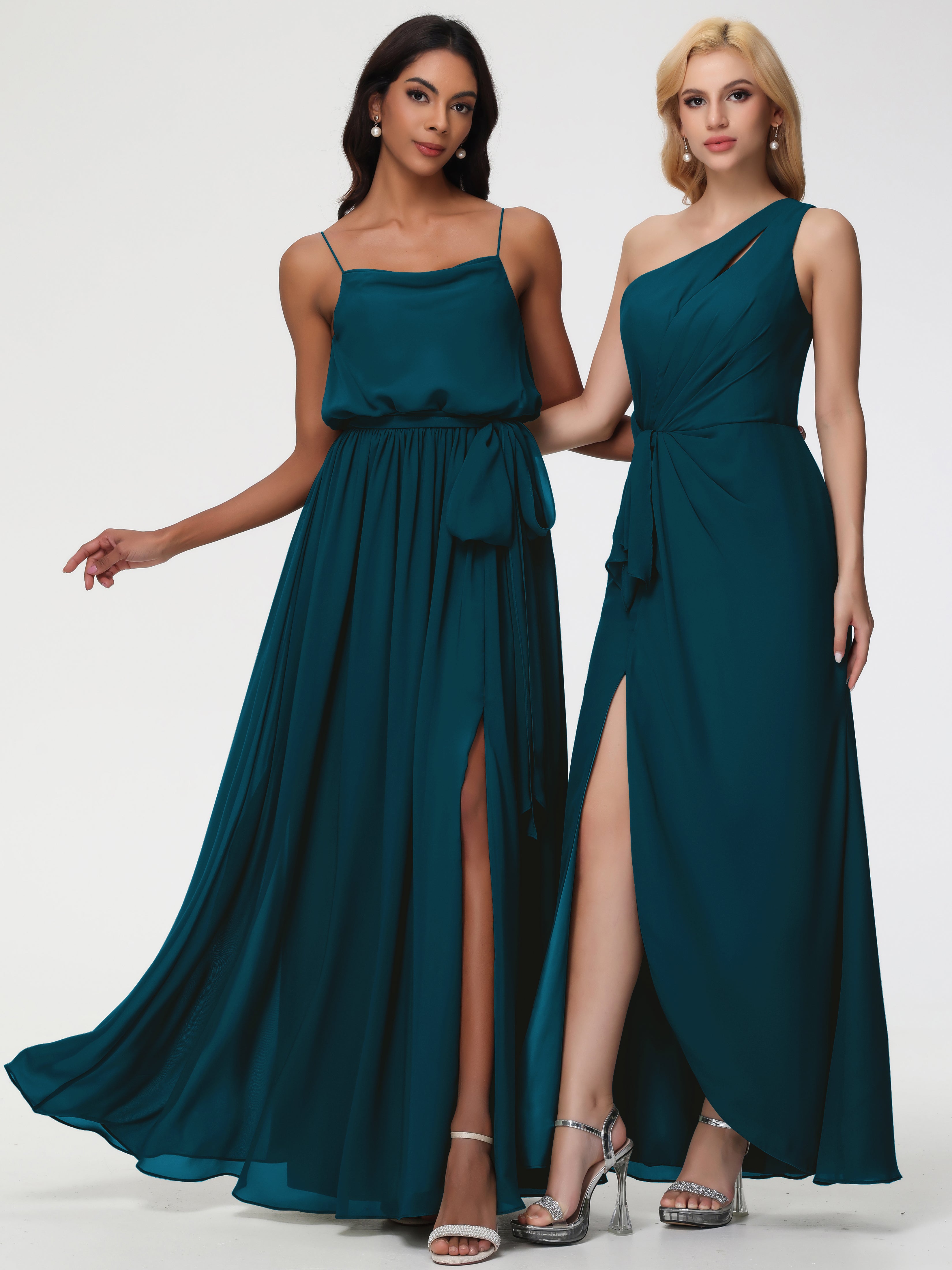 A-Line Cowl Spaghetti Straps Sleeveless Long Split Chiffon Bridesmaid Dresses