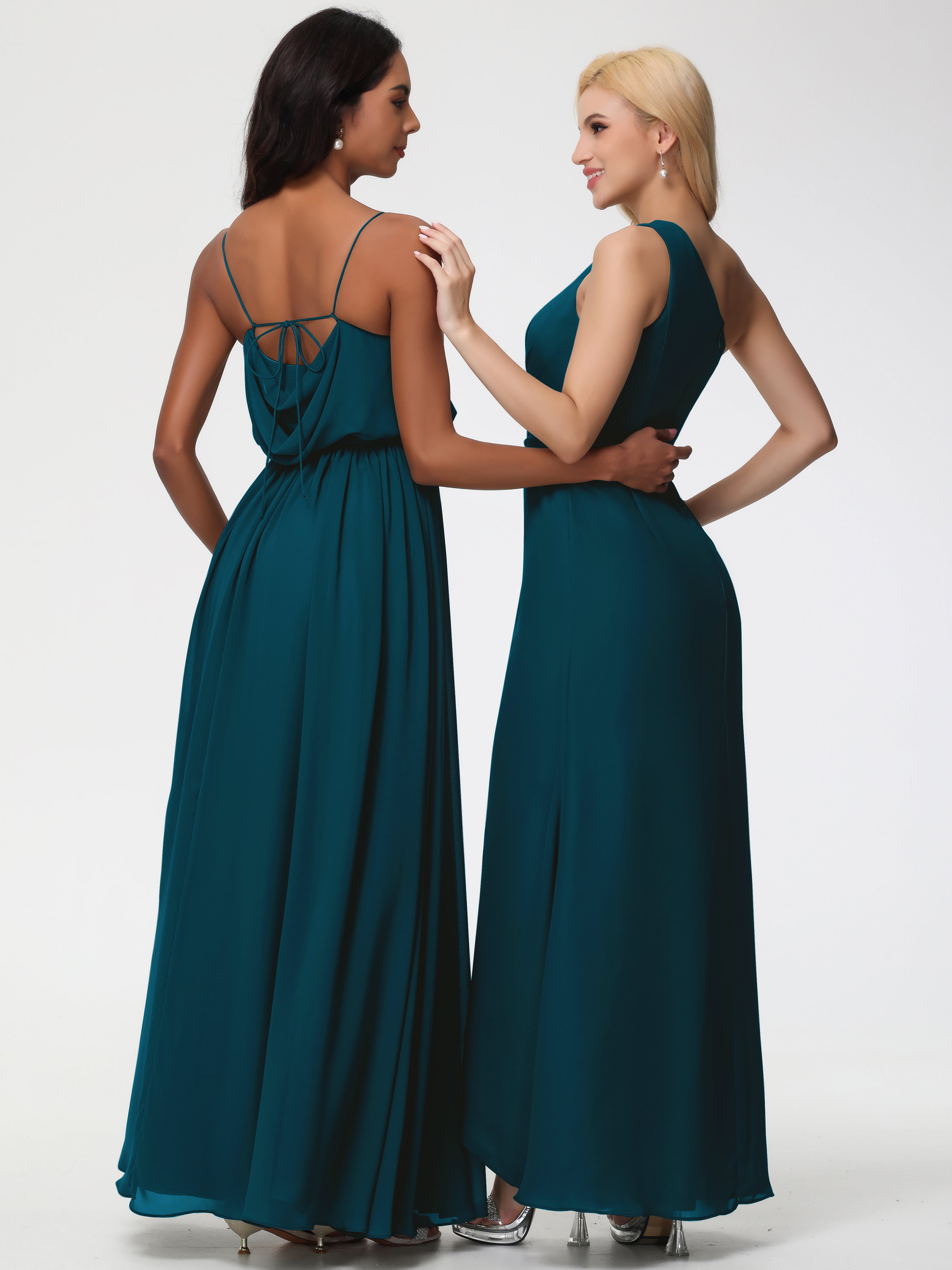 A-Line Cowl Spaghetti Straps Sleeveless Long Split Chiffon Bridesmaid Dresses