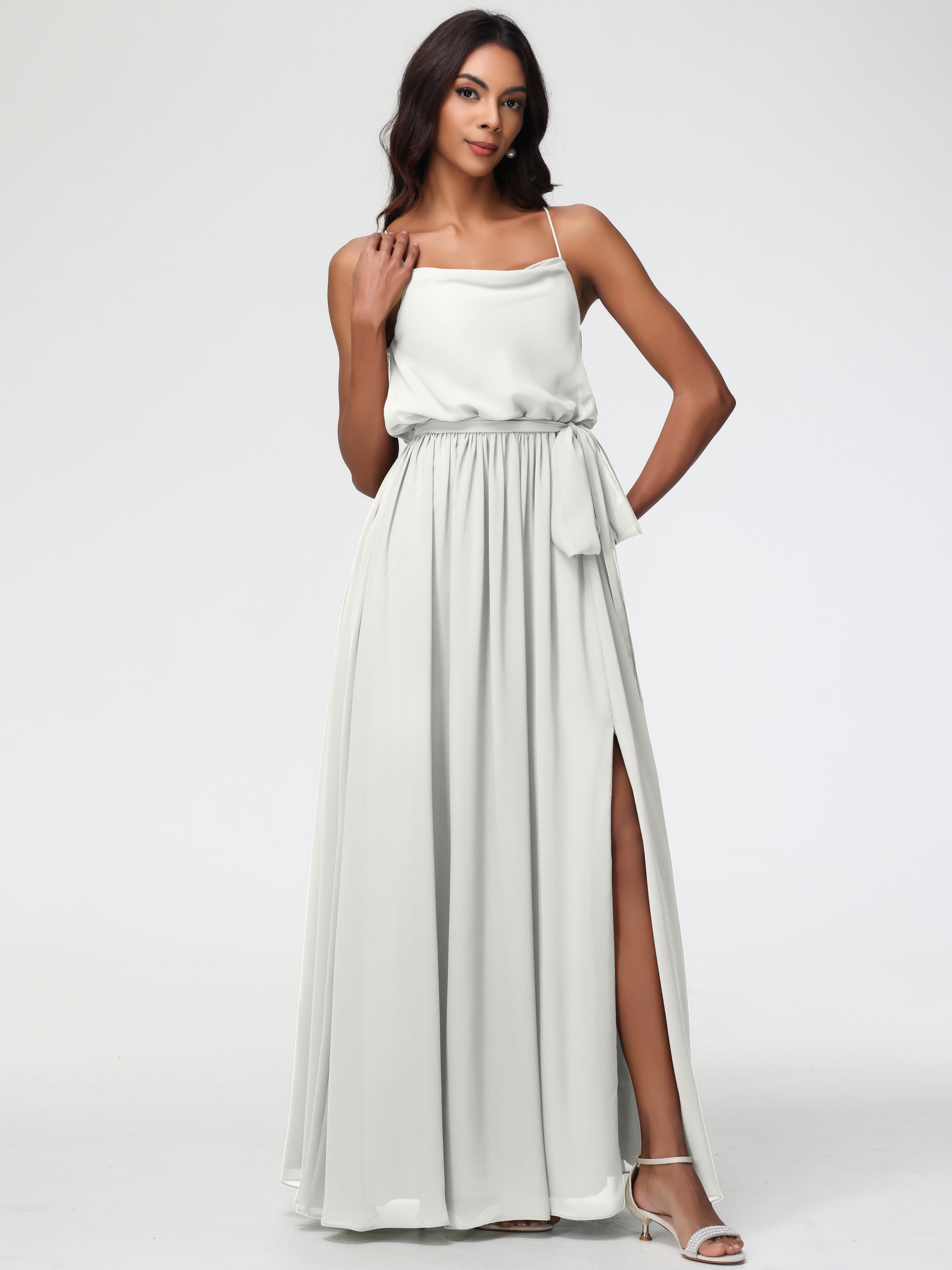 A-Line Cowl Spaghetti Straps Sleeveless Long Split Chiffon Bridesmaid Dresses