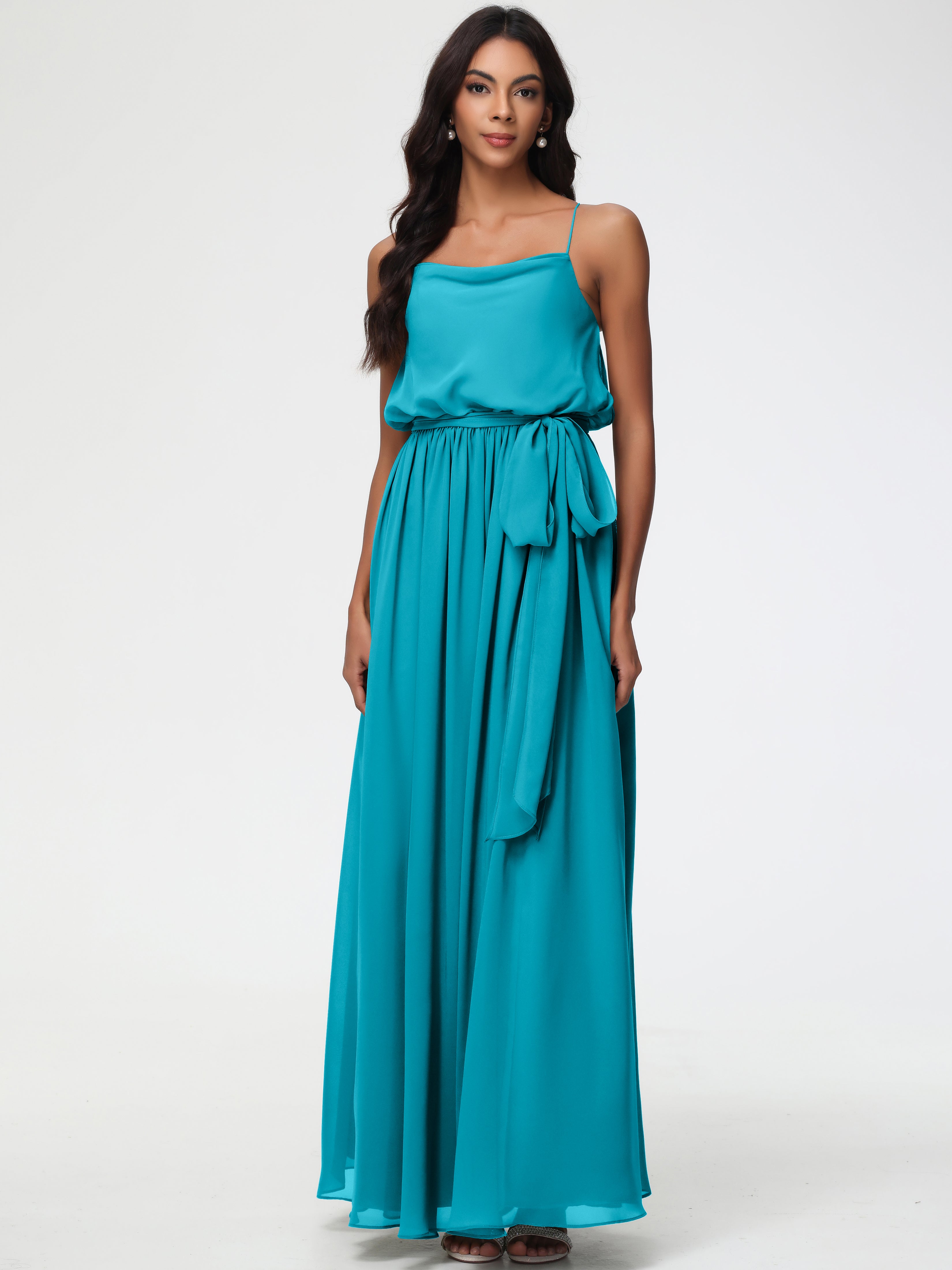 A-Line Cowl Spaghetti Straps Sleeveless Long Split Chiffon Bridesmaid Dresses