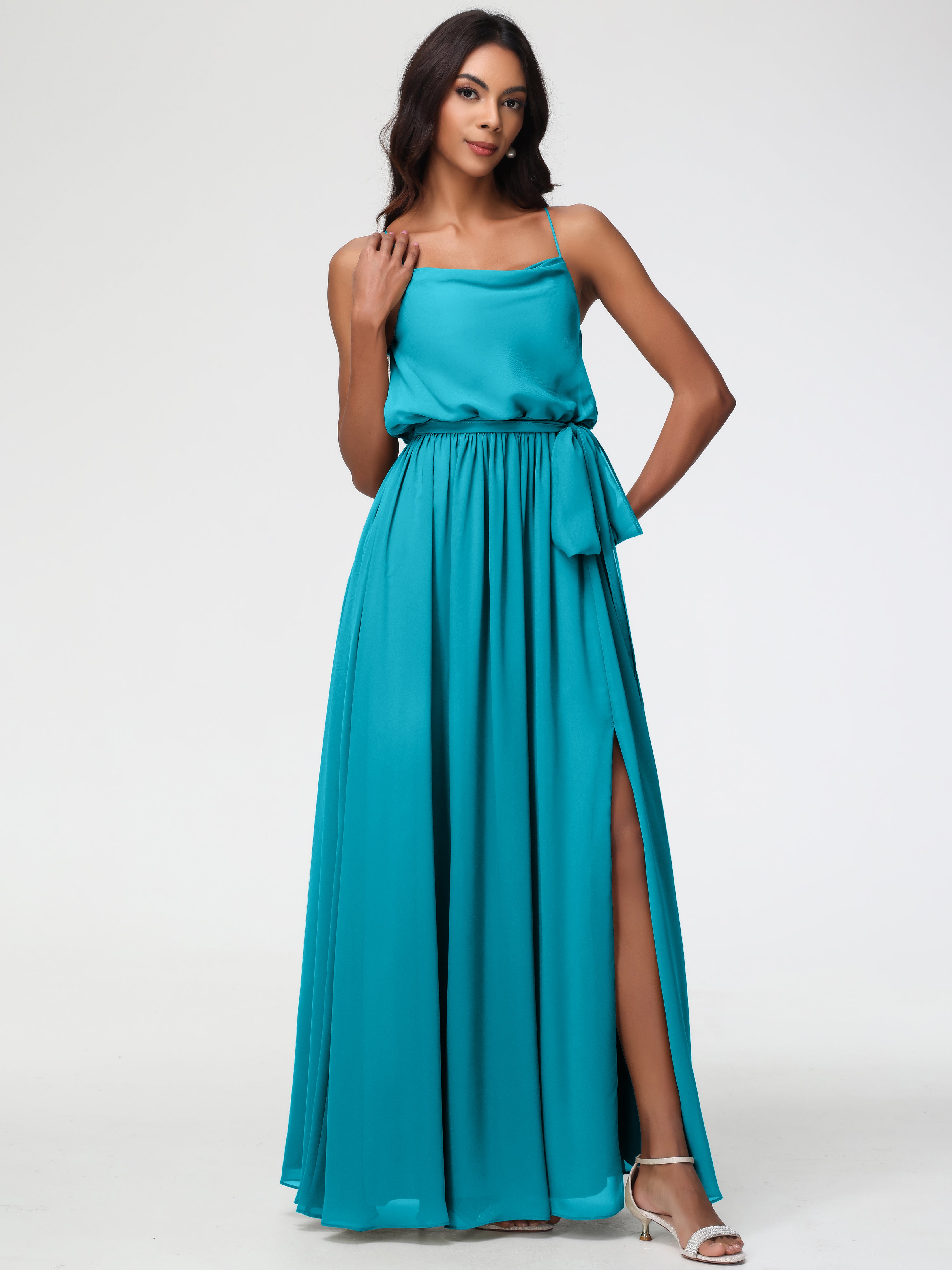A-Line Cowl Spaghetti Straps Sleeveless Long Split Chiffon Bridesmaid Dresses