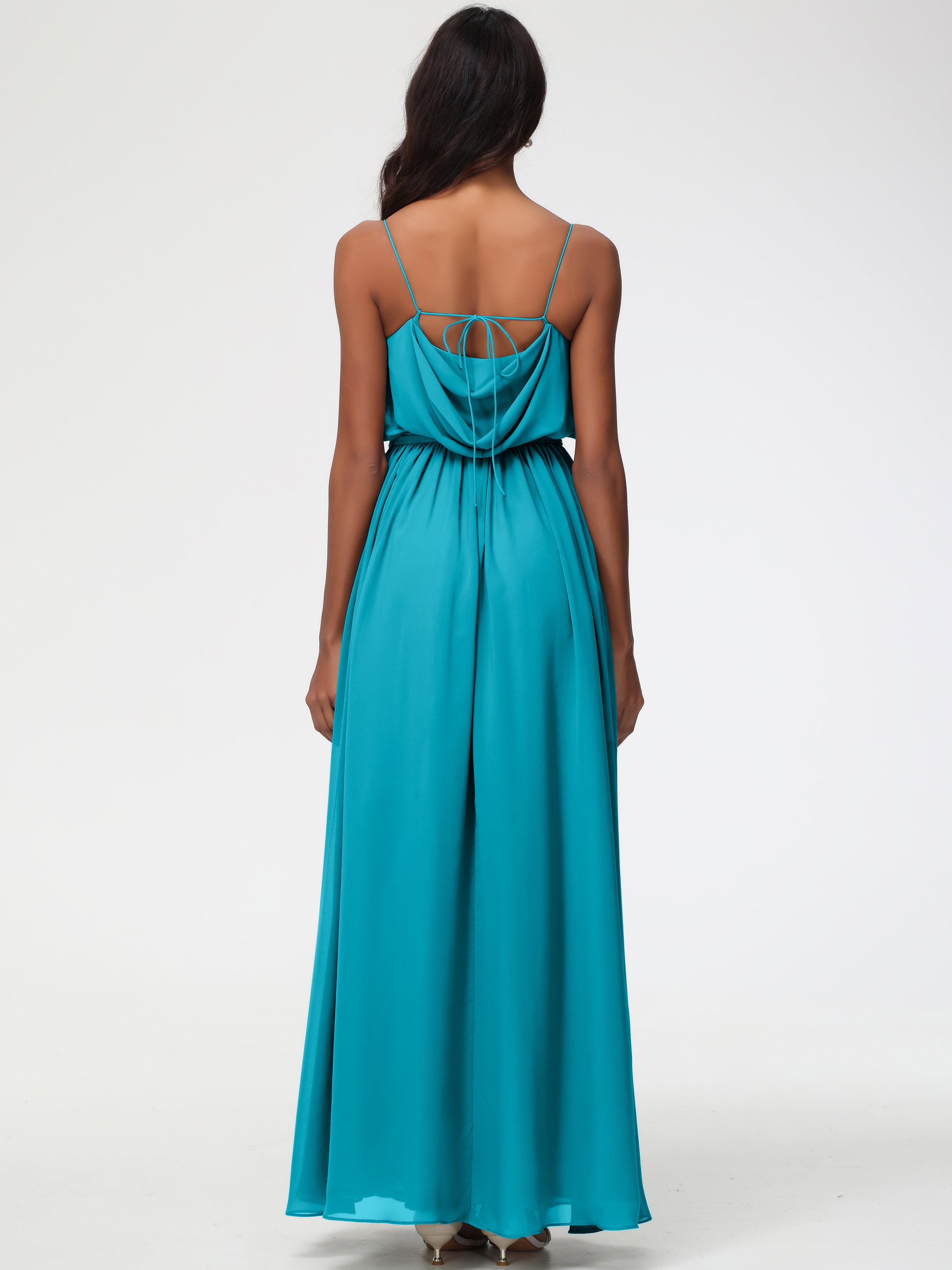 A-Line Cowl Spaghetti Straps Sleeveless Long Split Chiffon Bridesmaid Dresses