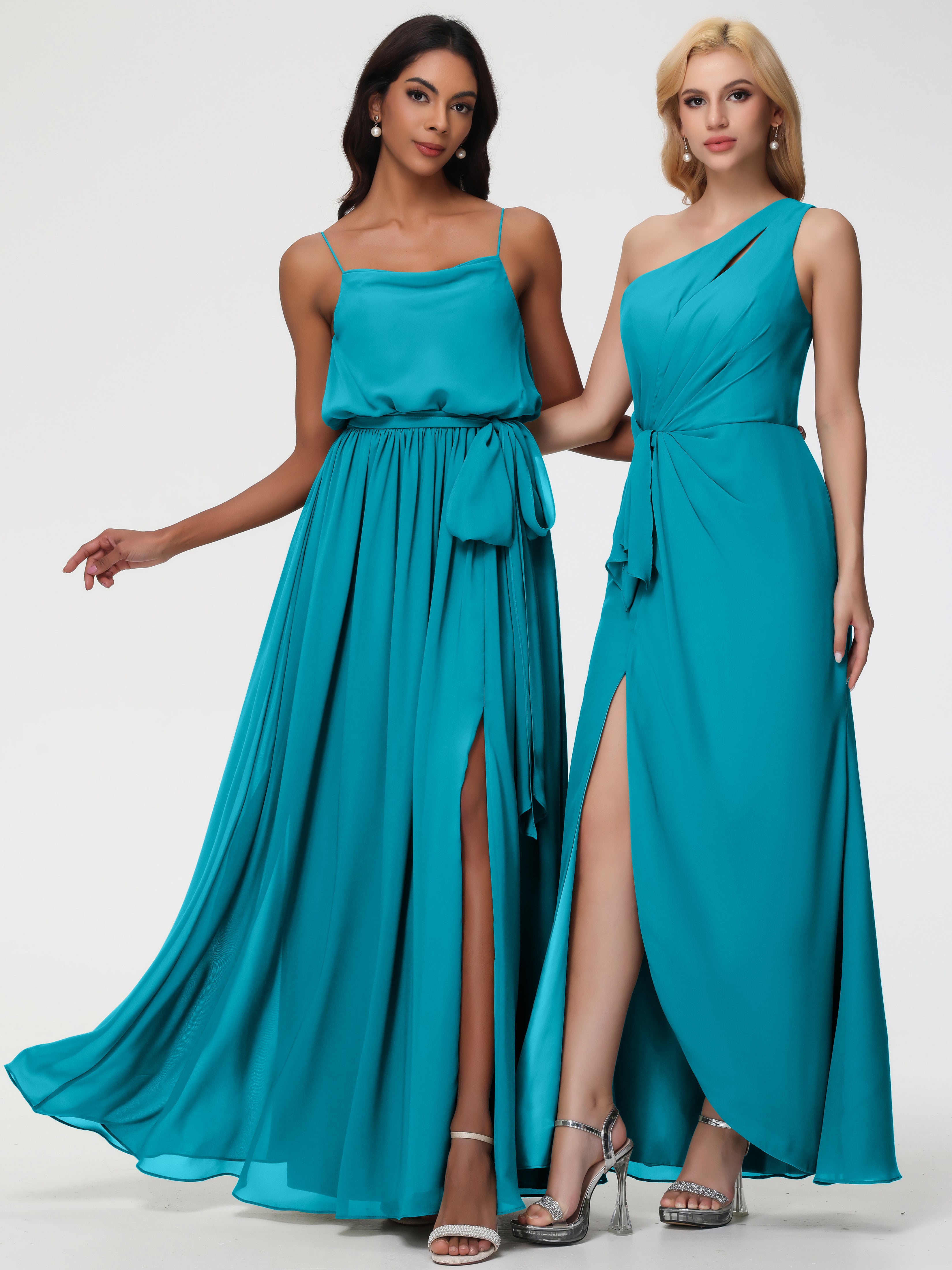 A-Line Cowl Spaghetti Straps Sleeveless Long Split Chiffon Bridesmaid Dresses