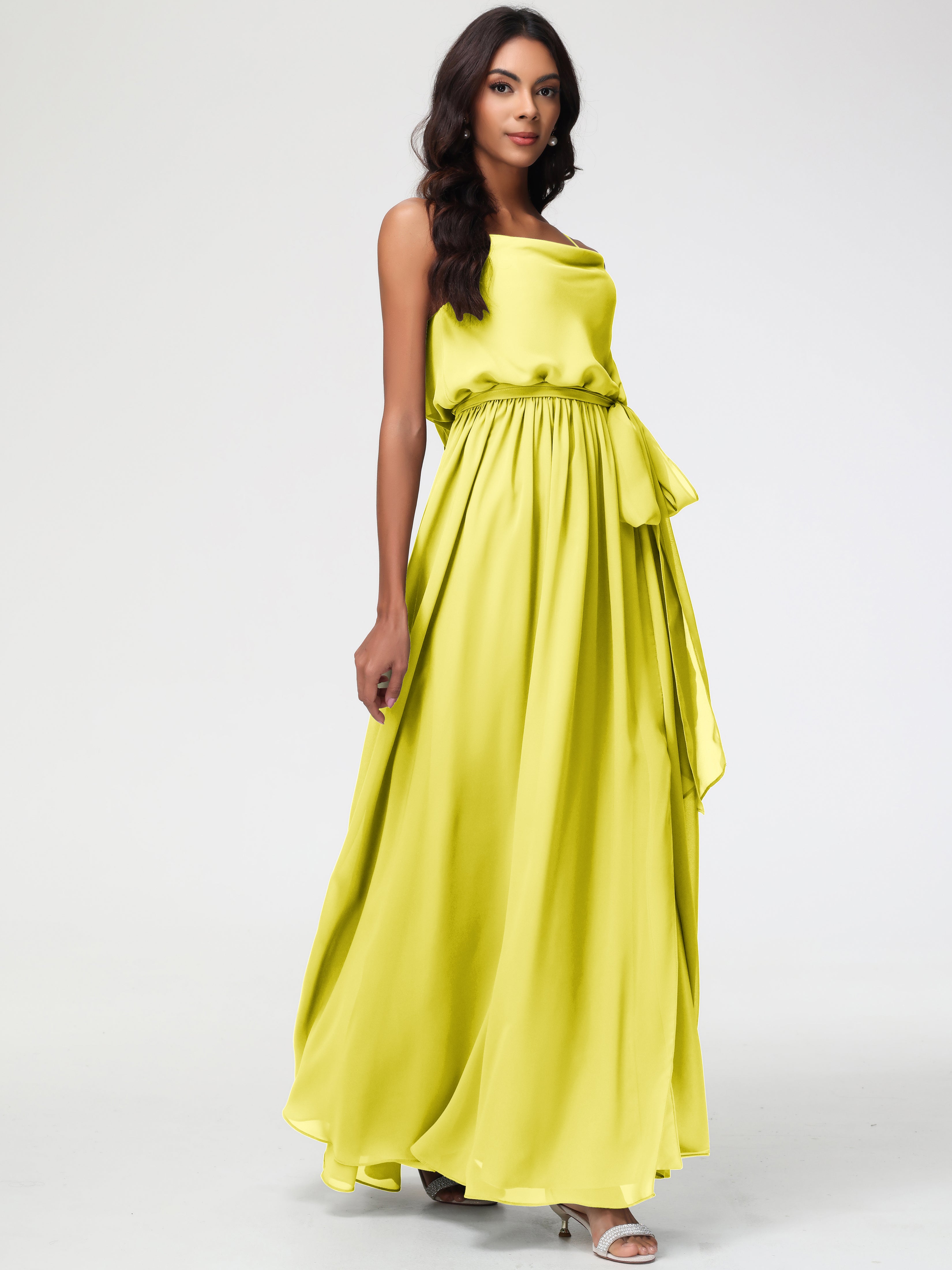A-Line Cowl Spaghetti Straps Sleeveless Long Split Chiffon Bridesmaid Dresses