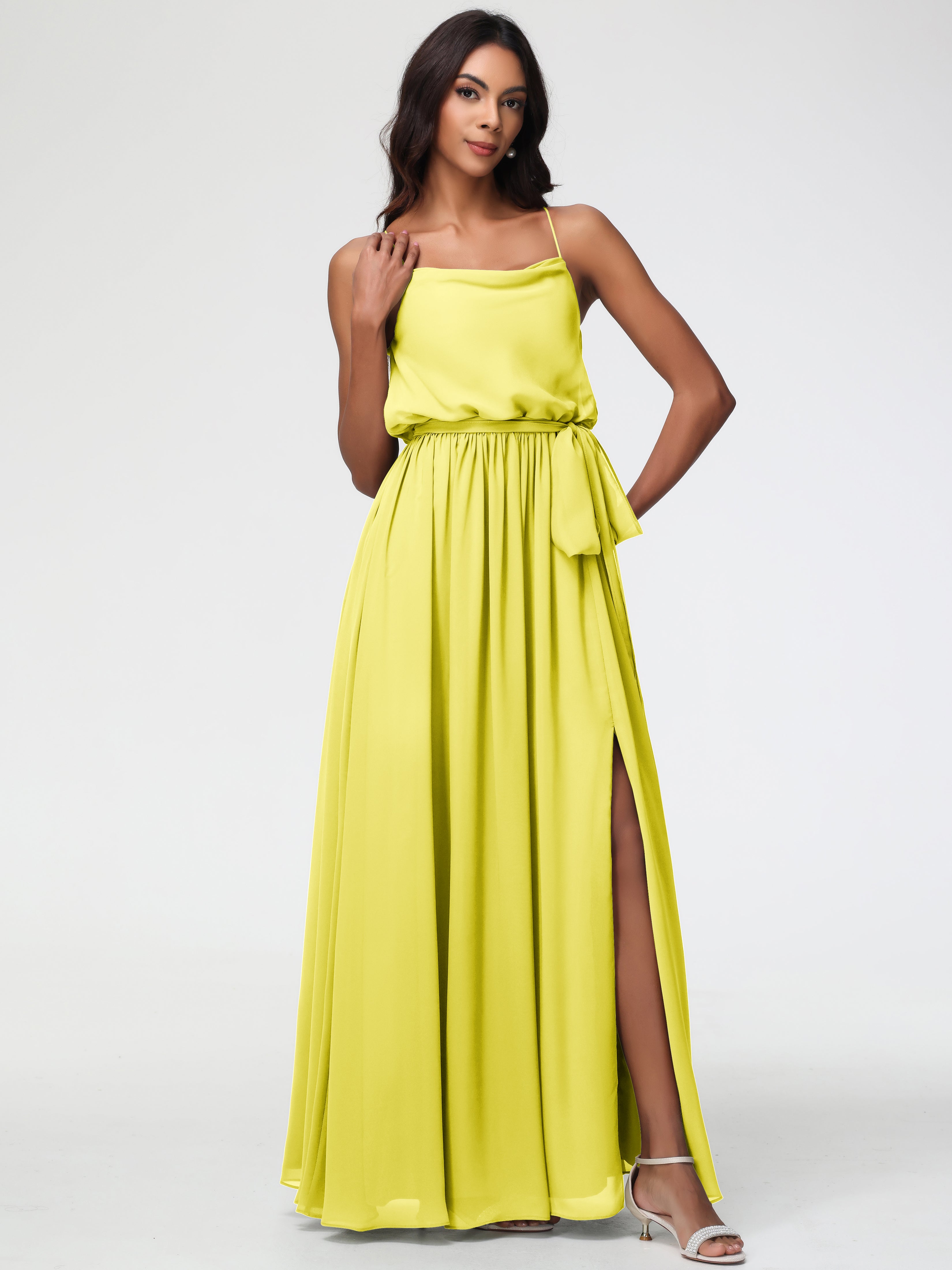 A-Line Cowl Spaghetti Straps Sleeveless Long Split Chiffon Bridesmaid Dresses