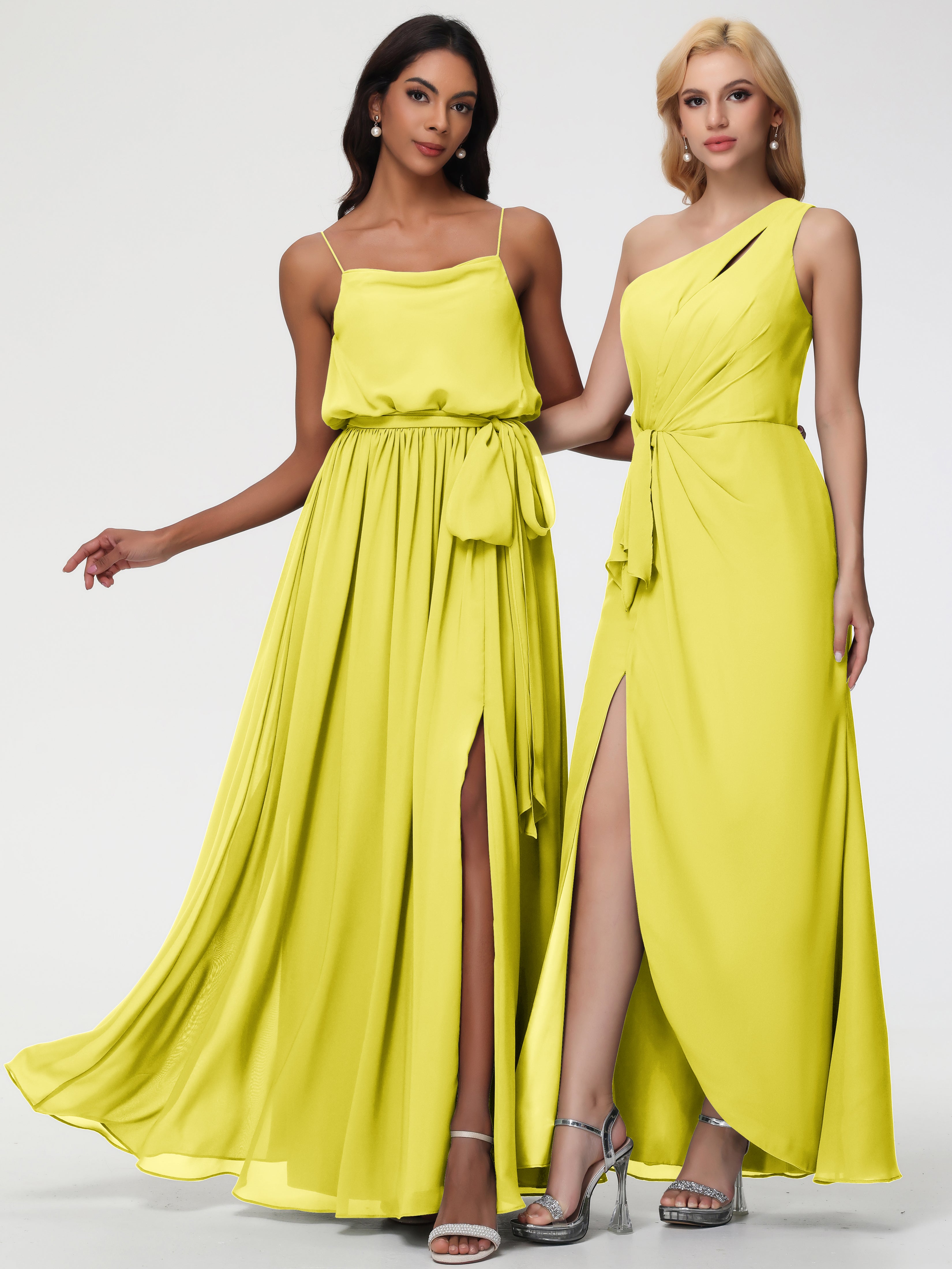 A-Line Cowl Spaghetti Straps Sleeveless Long Split Chiffon Bridesmaid Dresses