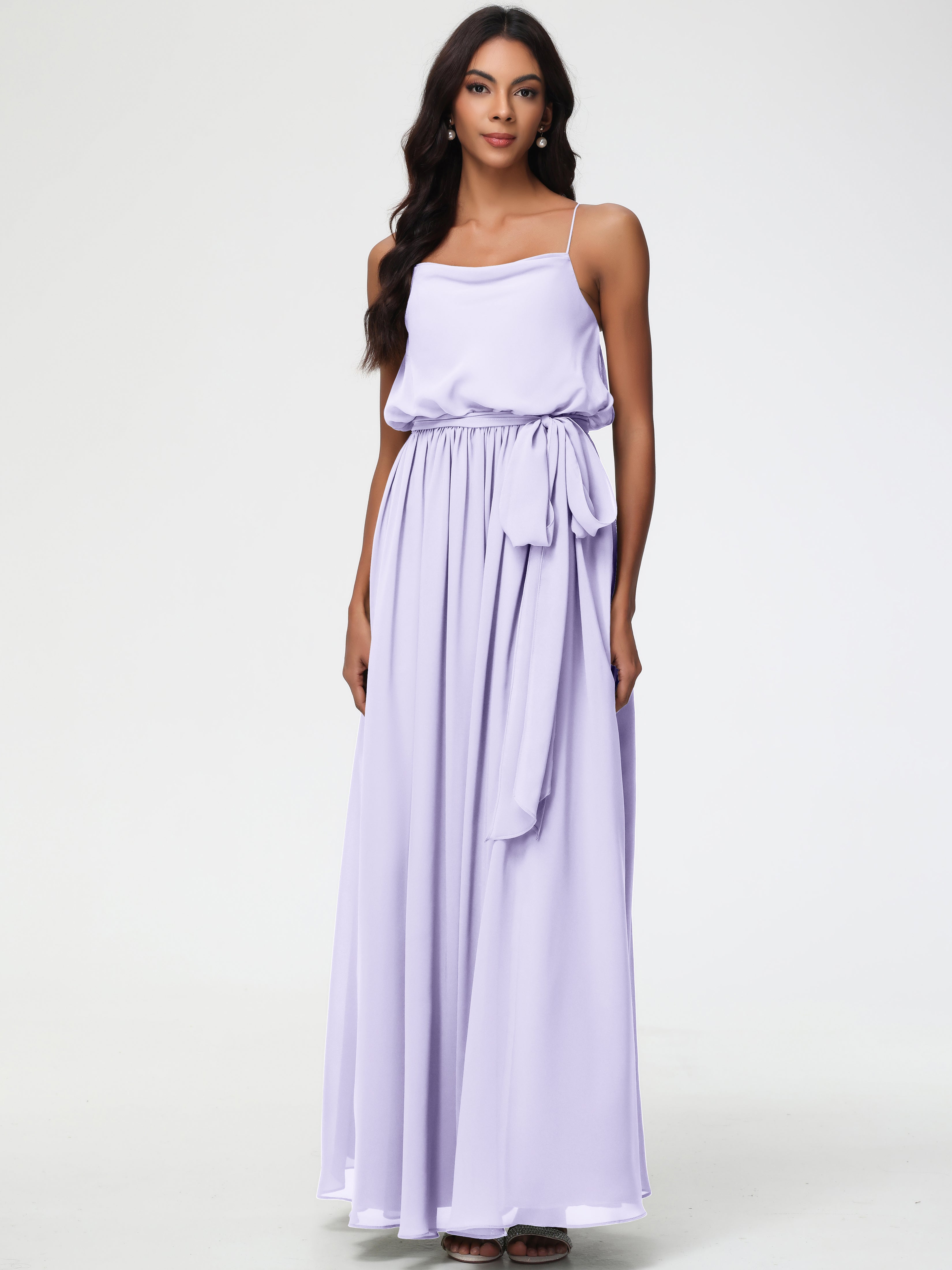 A-Line Cowl Spaghetti Straps Sleeveless Long Split Chiffon Bridesmaid Dresses
