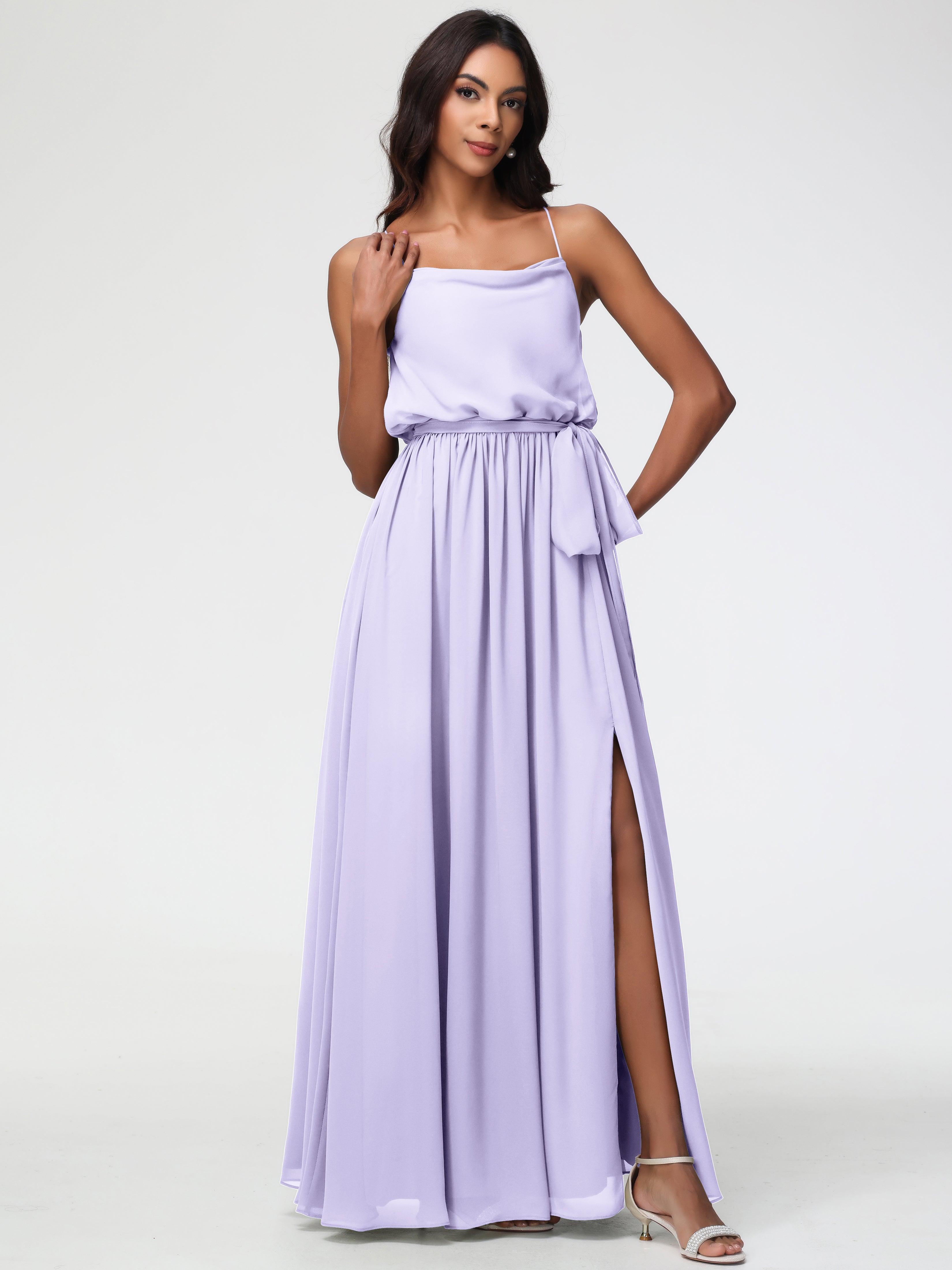 A-Line Cowl Spaghetti Straps Sleeveless Long Split Chiffon Bridesmaid Dresses