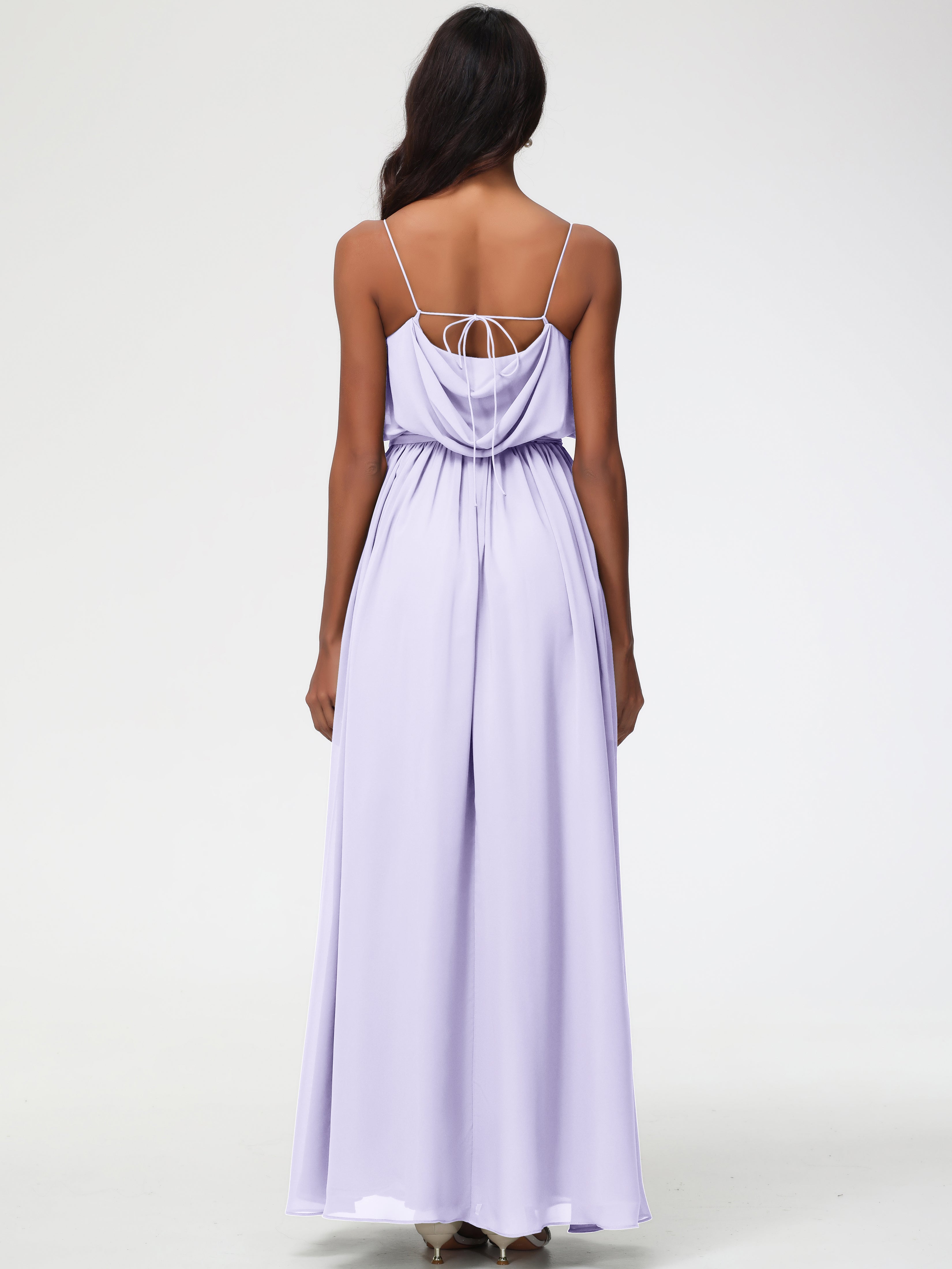 A-Line Cowl Spaghetti Straps Sleeveless Long Split Chiffon Bridesmaid Dresses