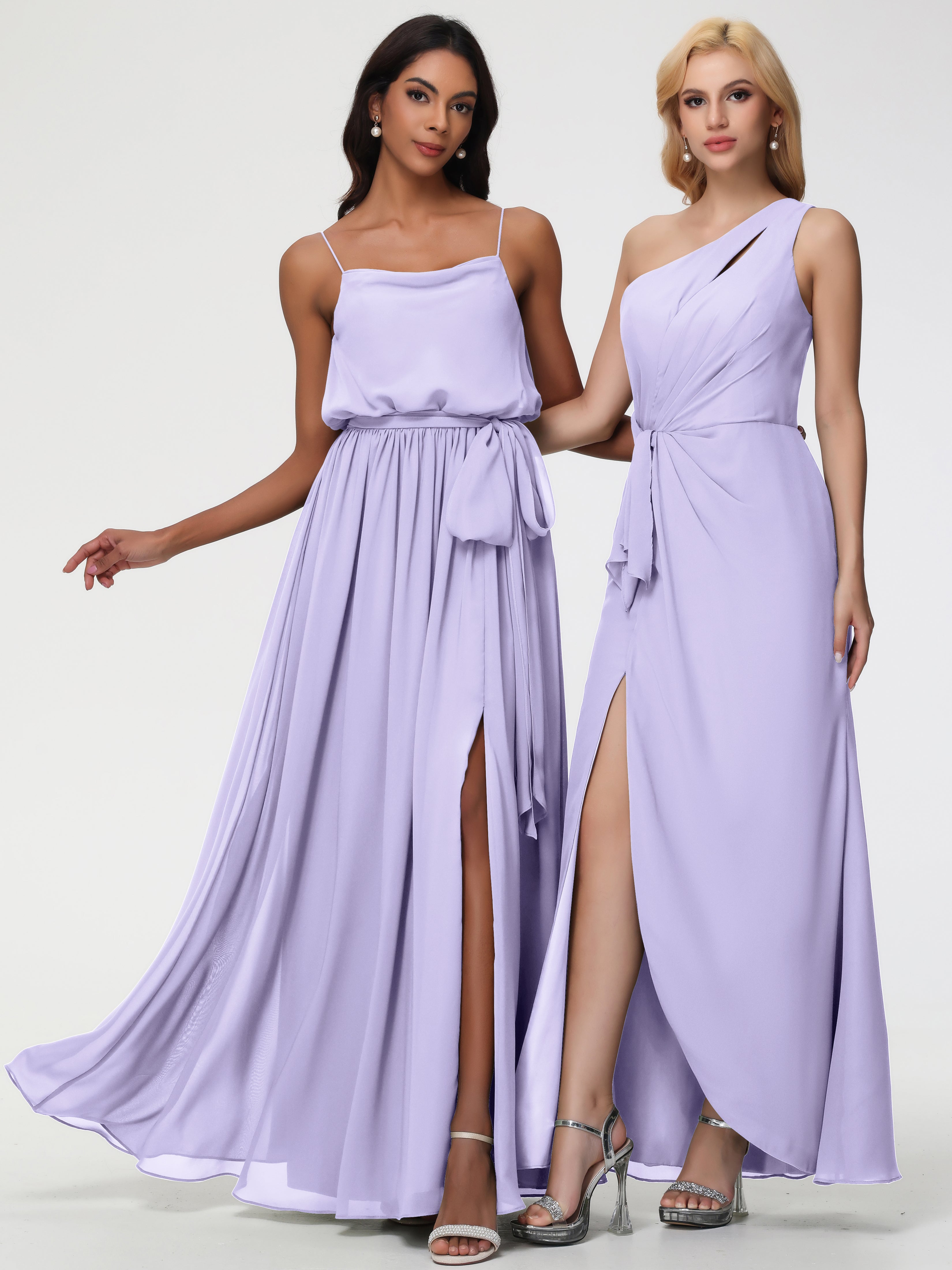 A-Line Cowl Spaghetti Straps Sleeveless Long Split Chiffon Bridesmaid Dresses