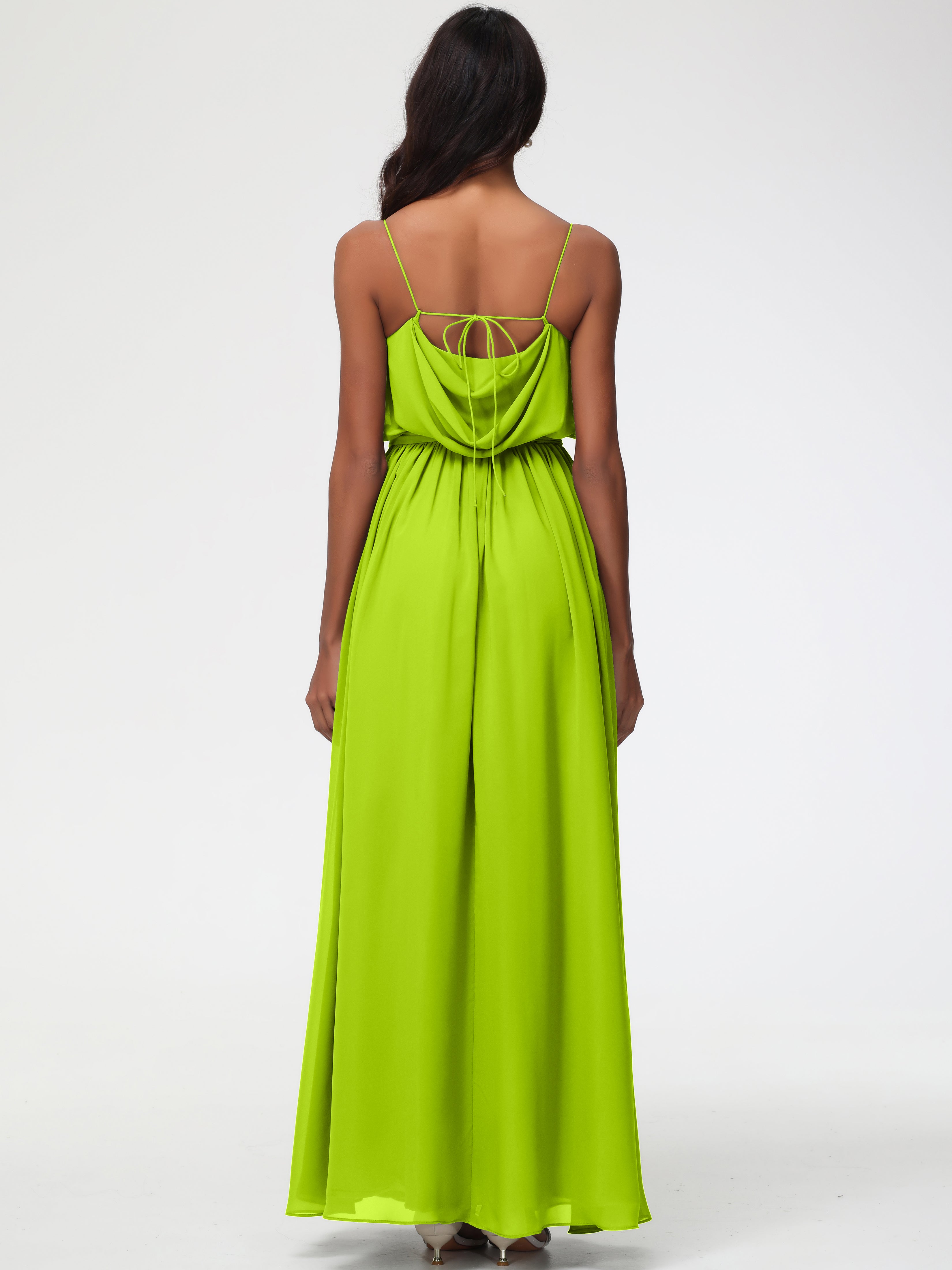A-Line Cowl Spaghetti Straps Sleeveless Long Split Chiffon Bridesmaid Dresses
