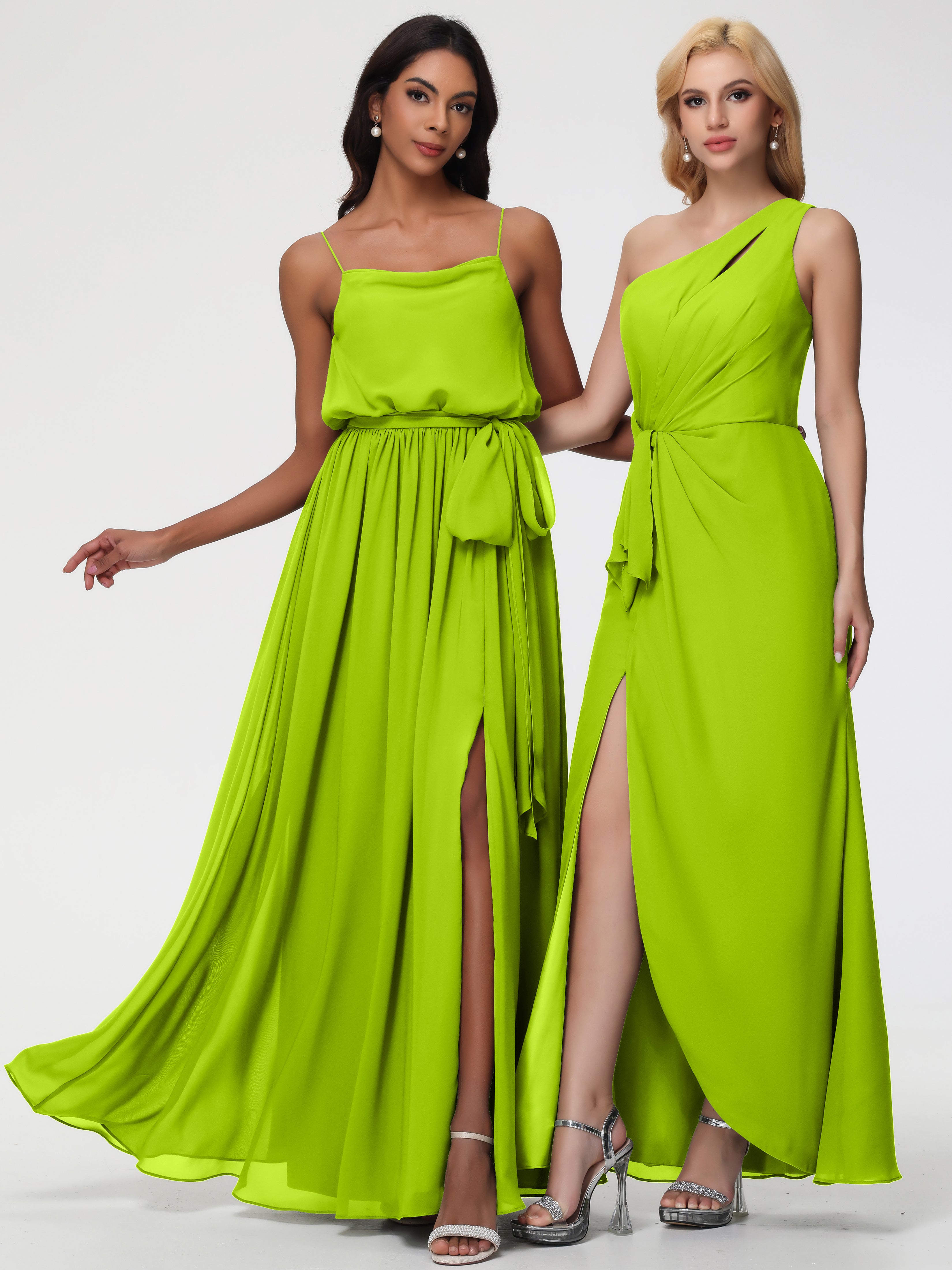 A-Line Cowl Spaghetti Straps Sleeveless Long Split Chiffon Bridesmaid Dresses