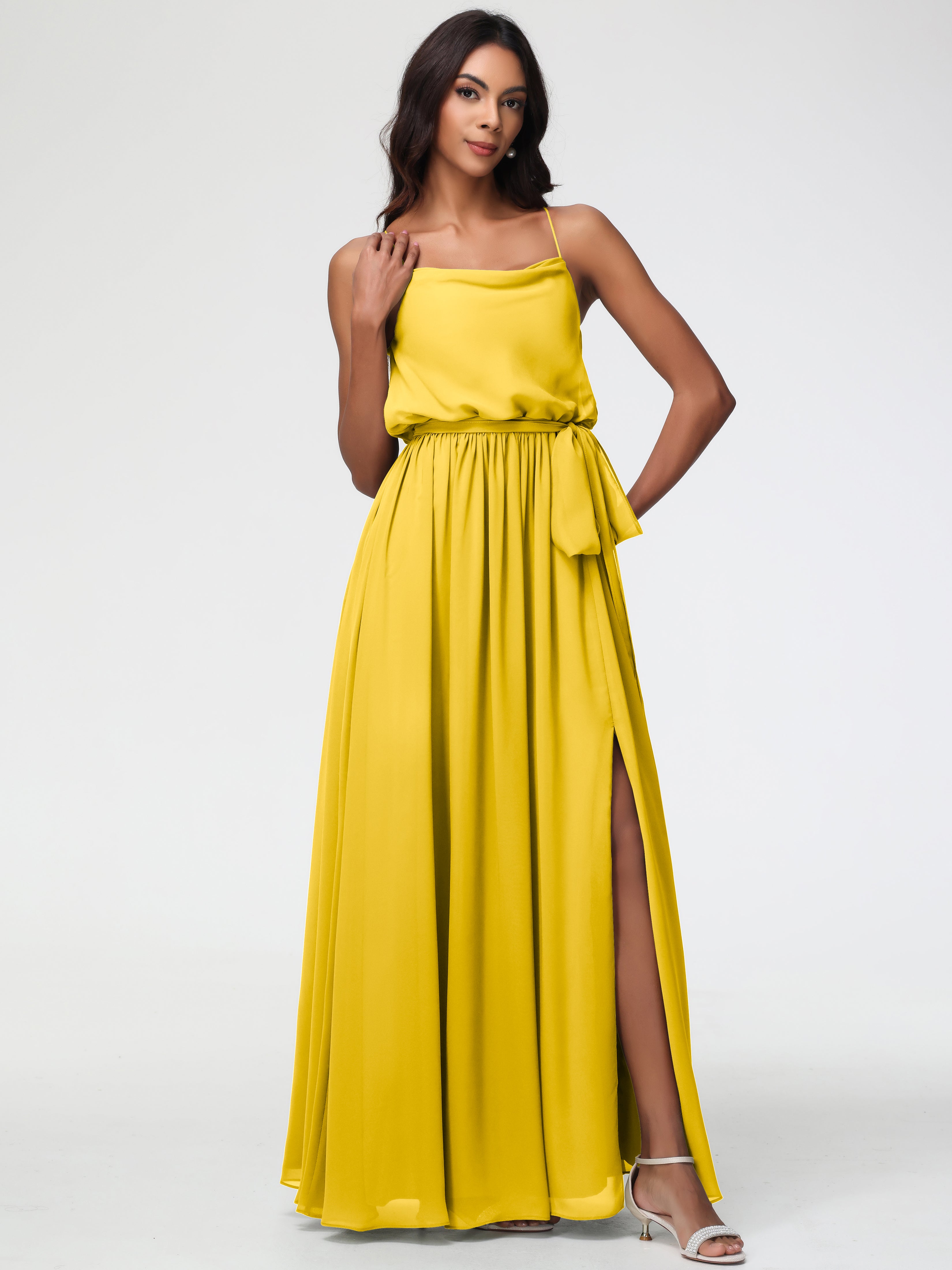 A-Line Cowl Spaghetti Straps Sleeveless Long Split Chiffon Bridesmaid Dresses