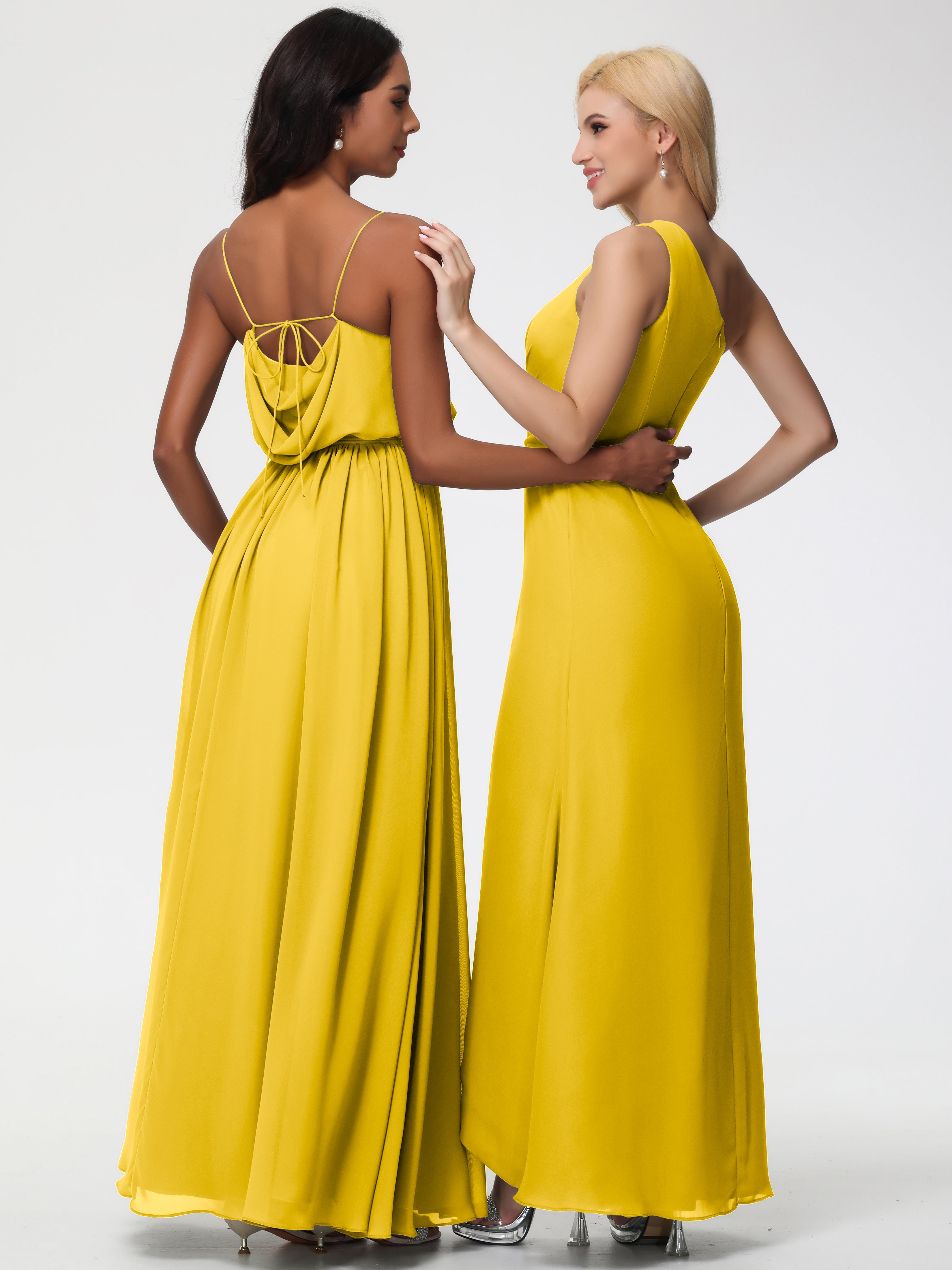 A-Line Cowl Spaghetti Straps Sleeveless Long Split Chiffon Bridesmaid Dresses