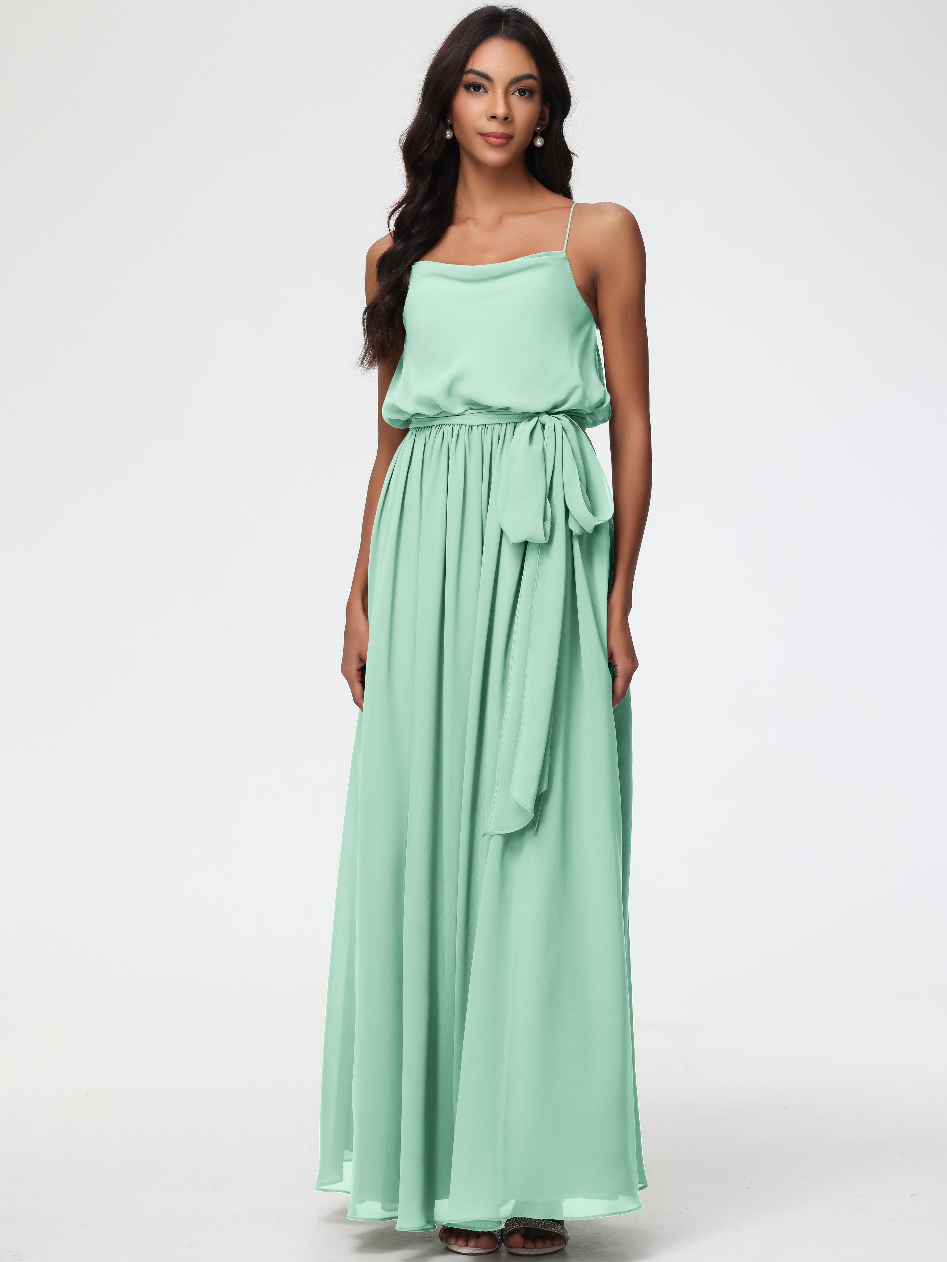 A-Line Cowl Spaghetti Straps Sleeveless Long Split Chiffon Bridesmaid Dresses