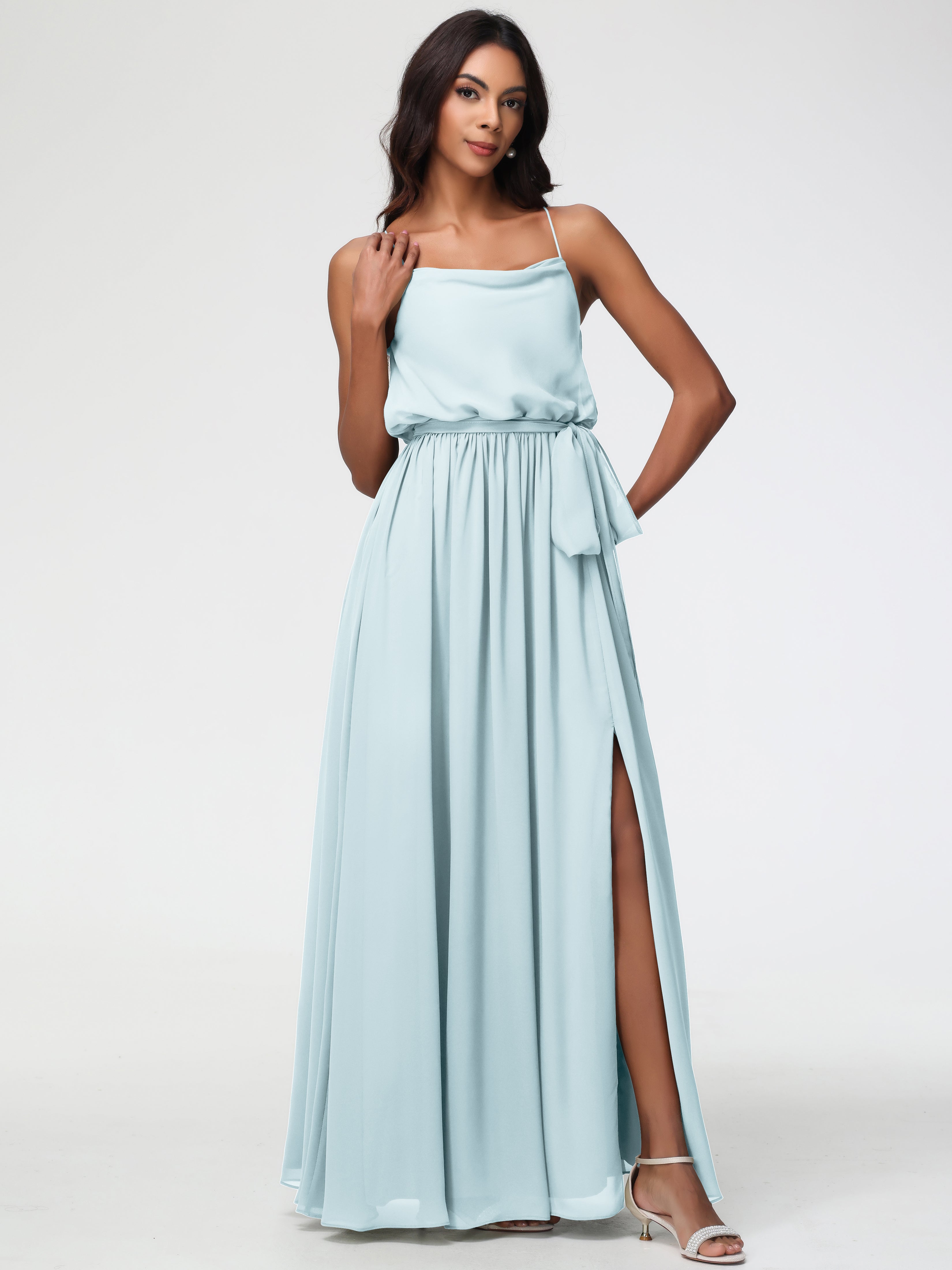 A-Line Cowl Spaghetti Straps Sleeveless Long Split Chiffon Bridesmaid Dresses