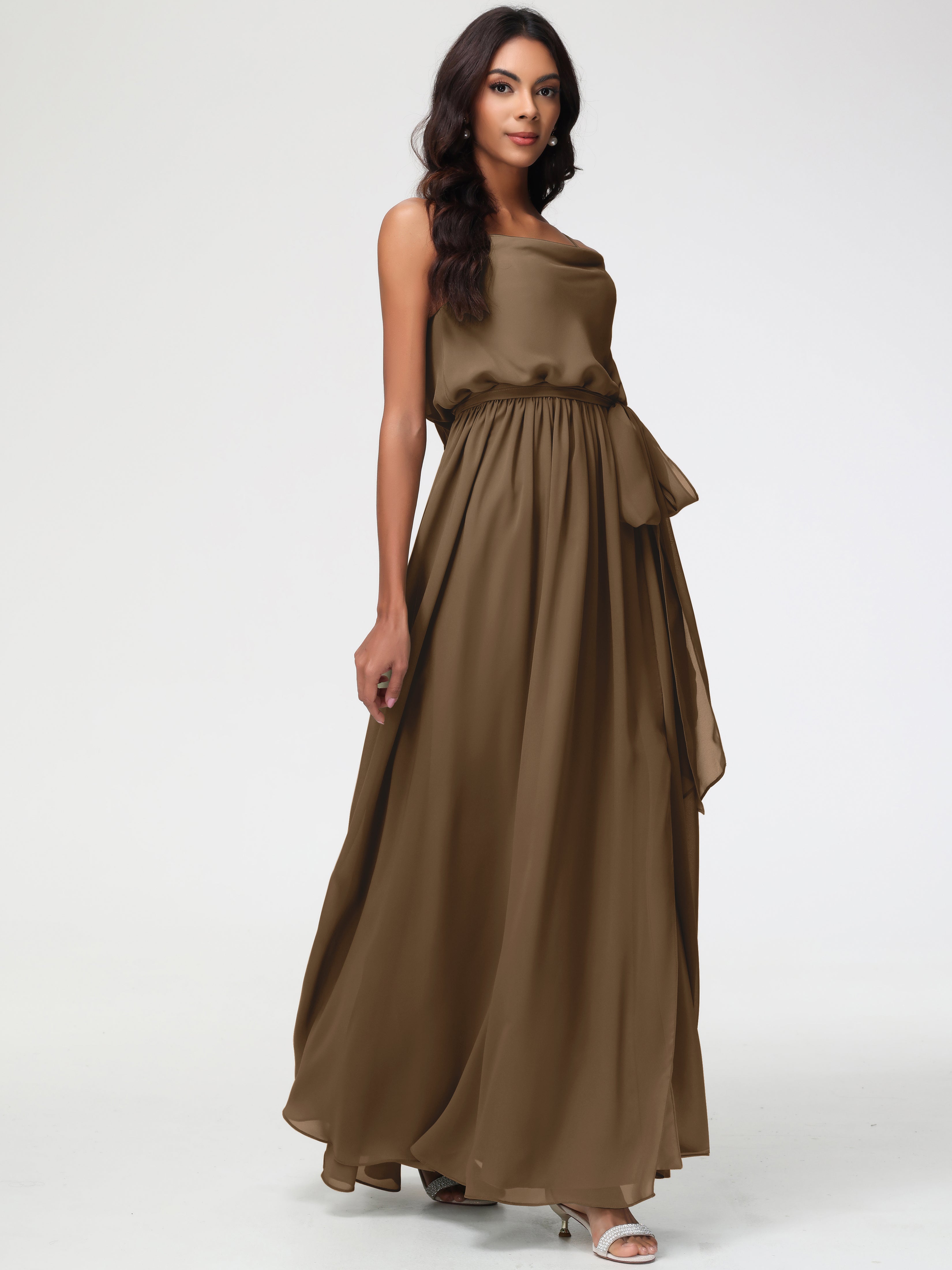 A-Line Cowl Spaghetti Straps Sleeveless Long Split Chiffon Bridesmaid Dresses