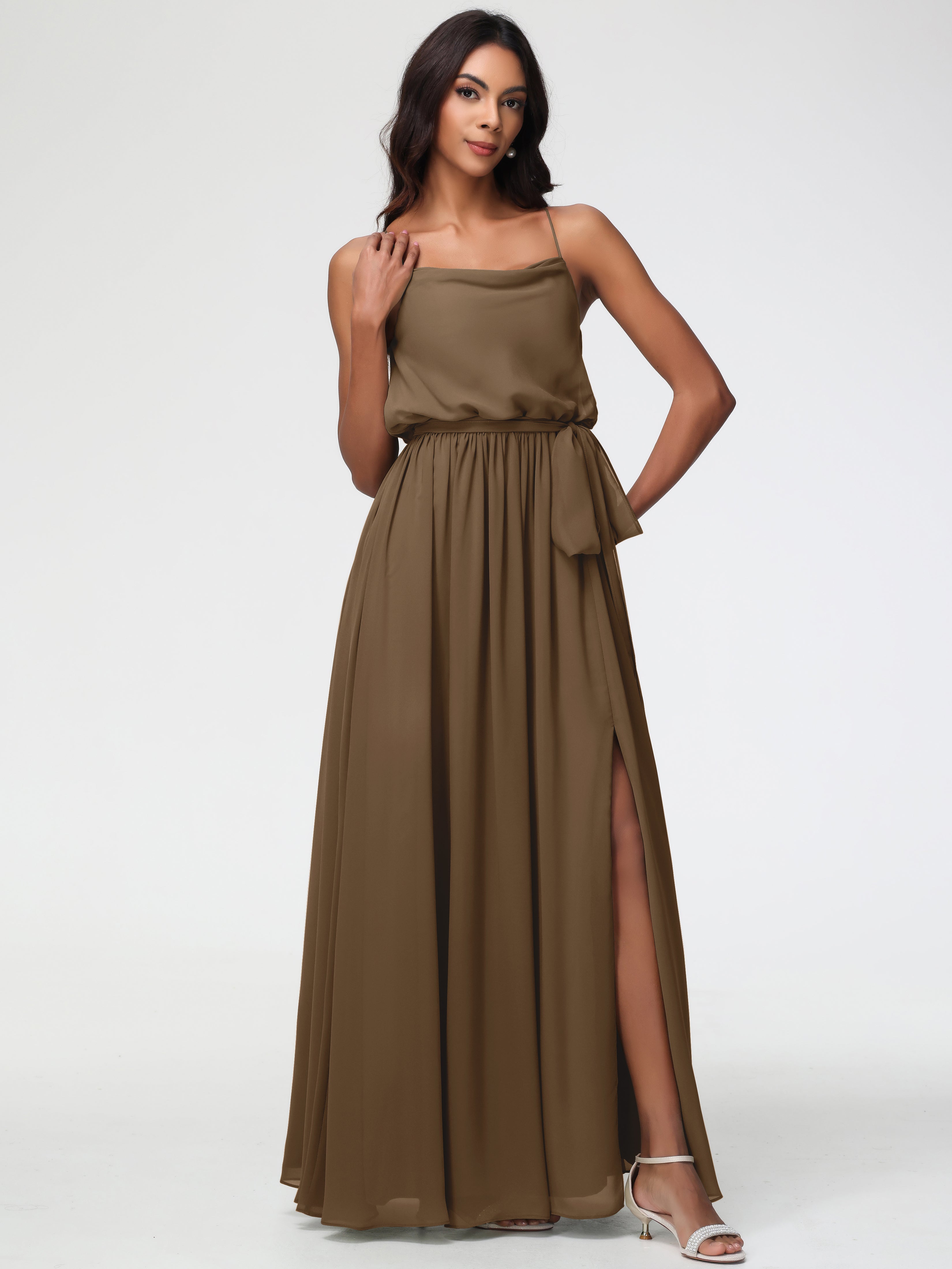 A-Line Cowl Spaghetti Straps Sleeveless Long Split Chiffon Bridesmaid Dresses