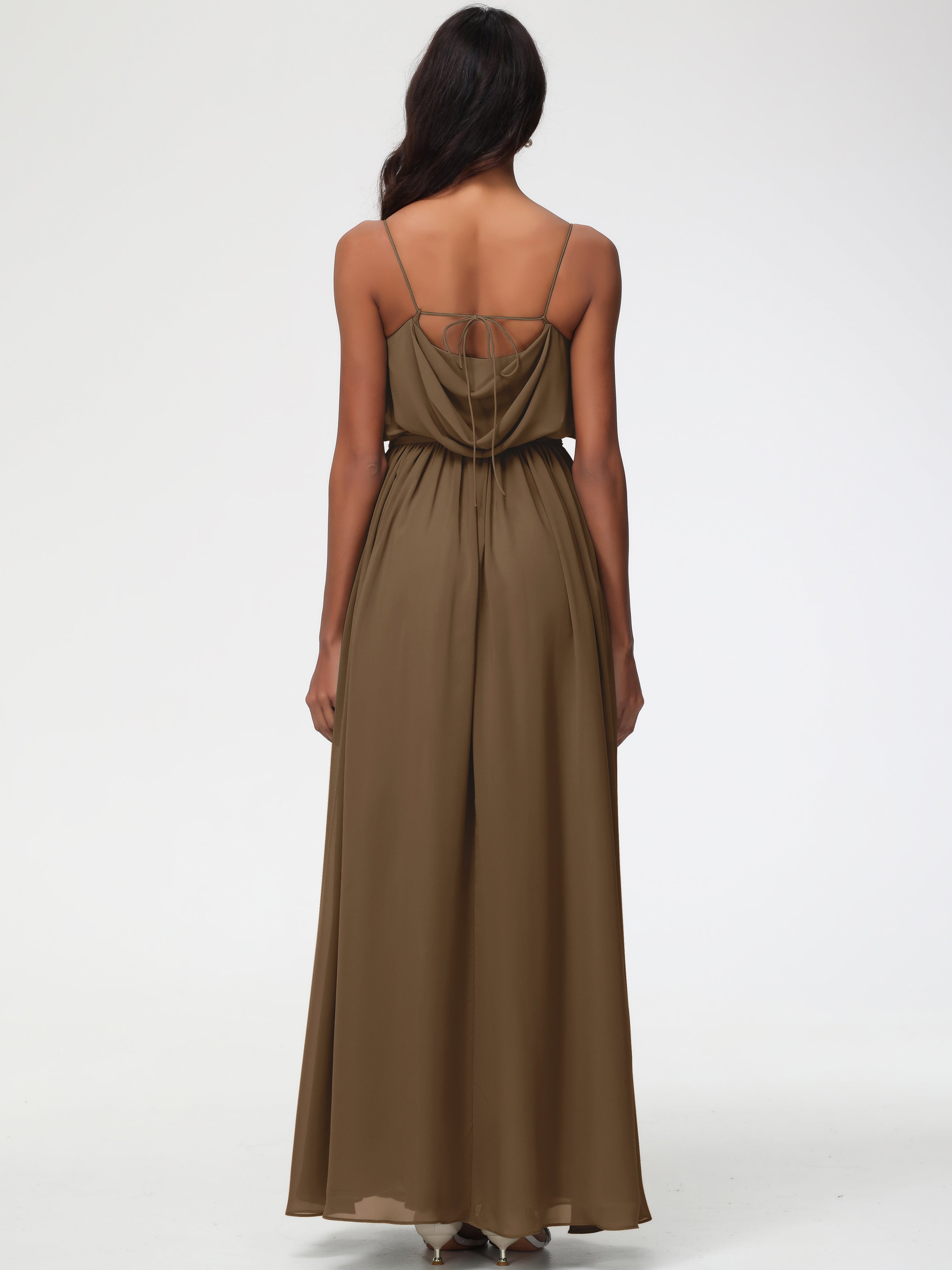 A-Line Cowl Spaghetti Straps Sleeveless Long Split Chiffon Bridesmaid Dresses