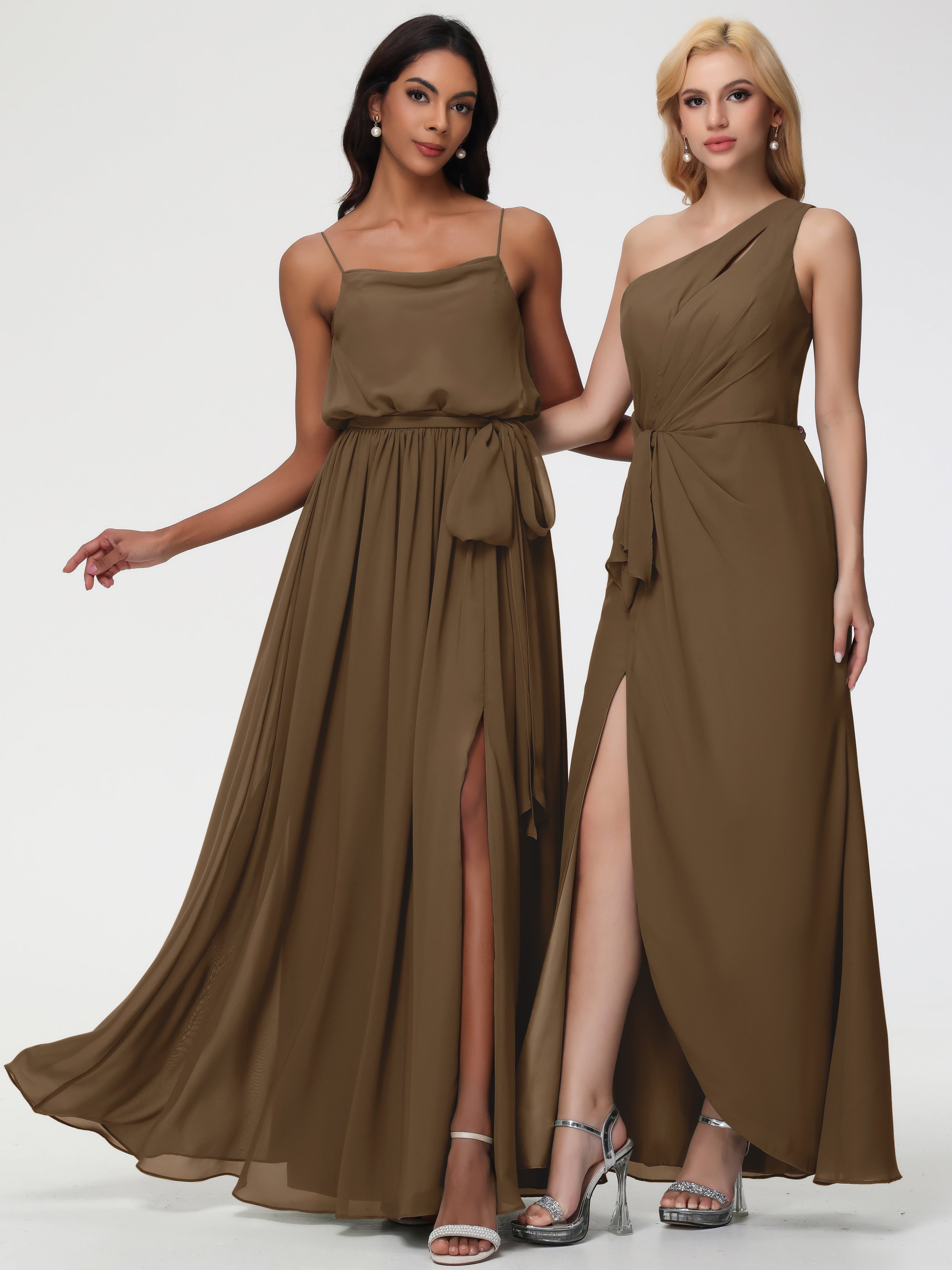 A-Line Cowl Spaghetti Straps Sleeveless Long Split Chiffon Bridesmaid Dresses