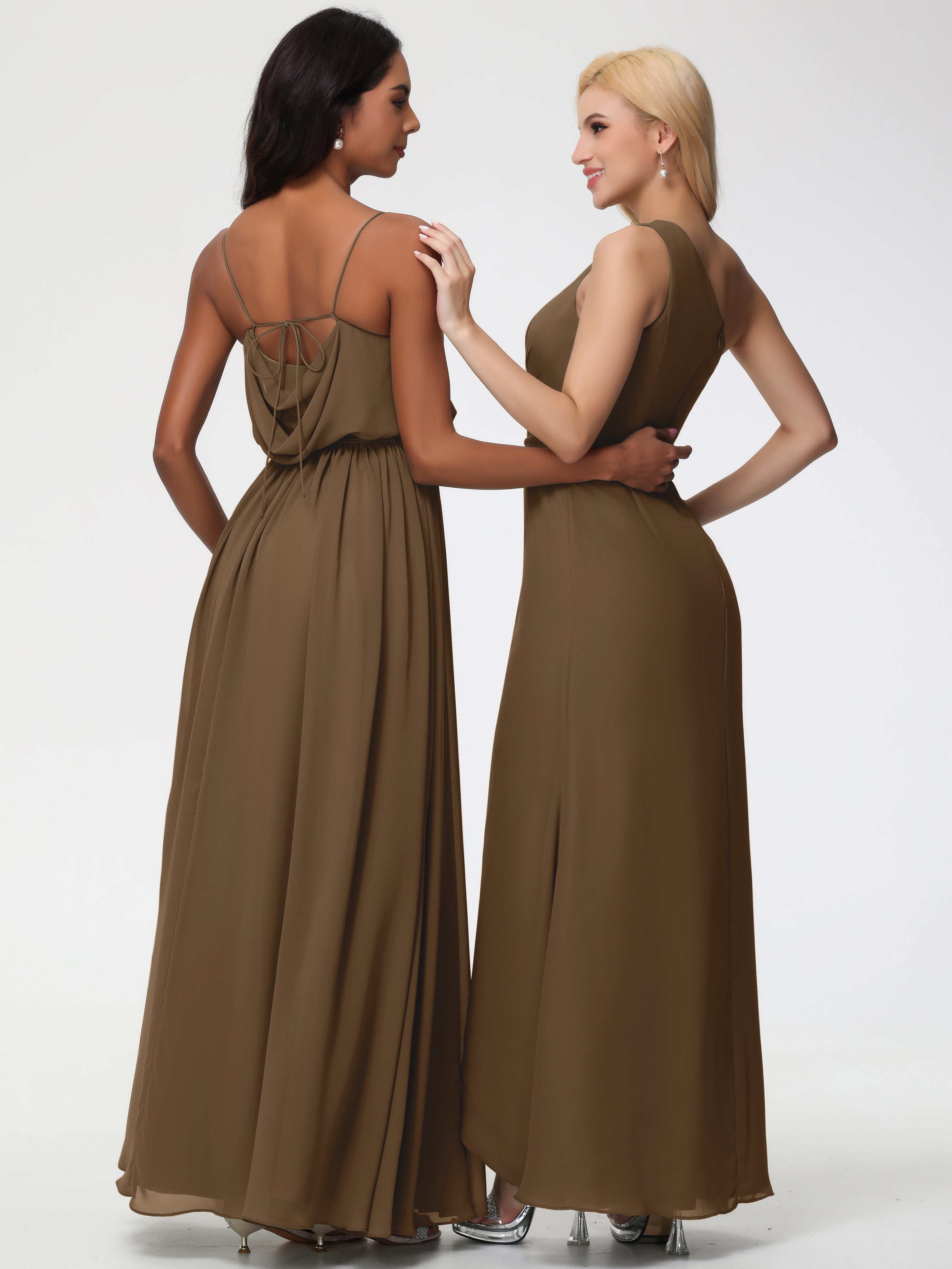 A-Line Cowl Spaghetti Straps Sleeveless Long Split Chiffon Bridesmaid Dresses