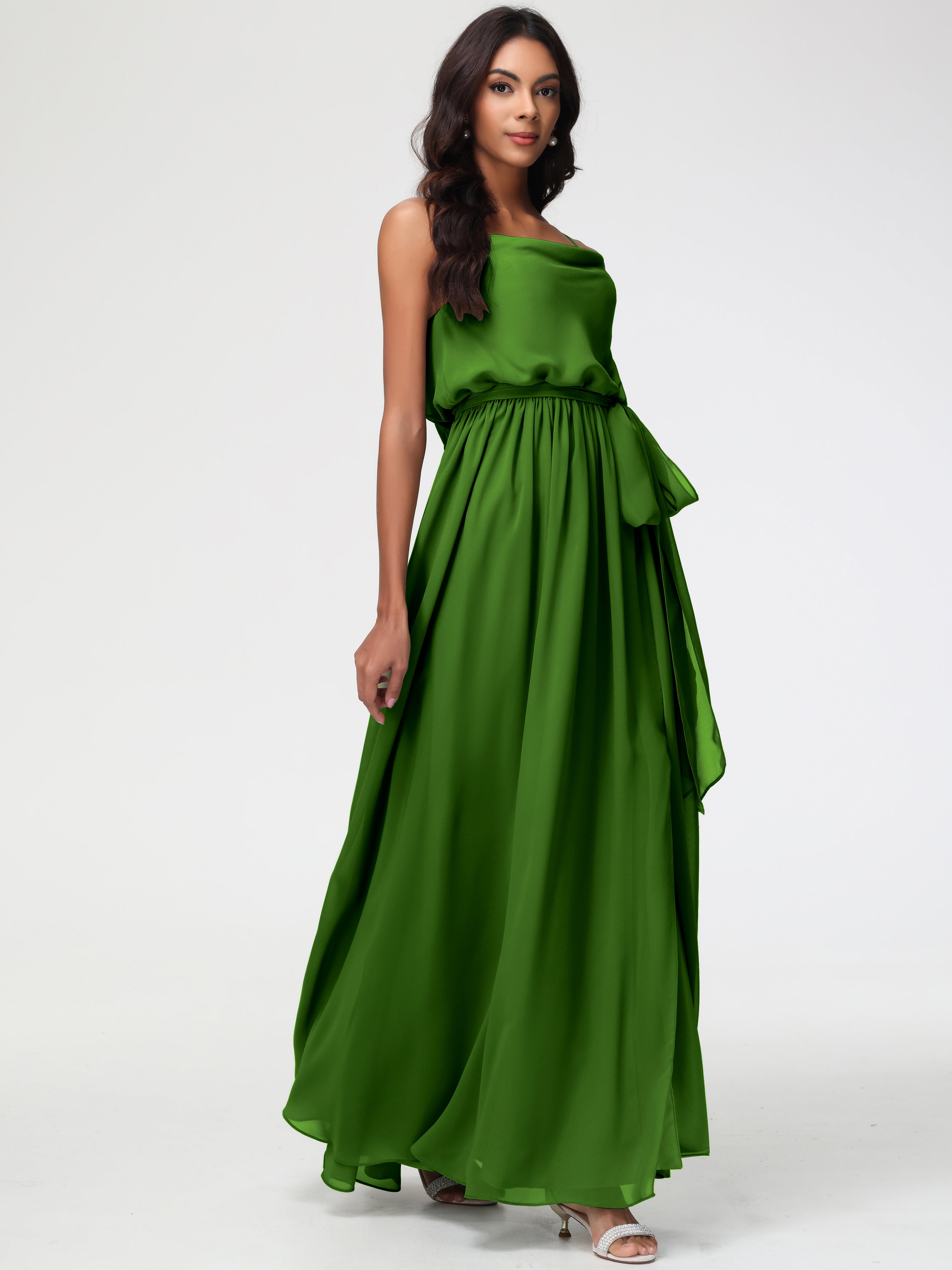 A-Line Cowl Spaghetti Straps Sleeveless Long Split Chiffon Bridesmaid Dresses