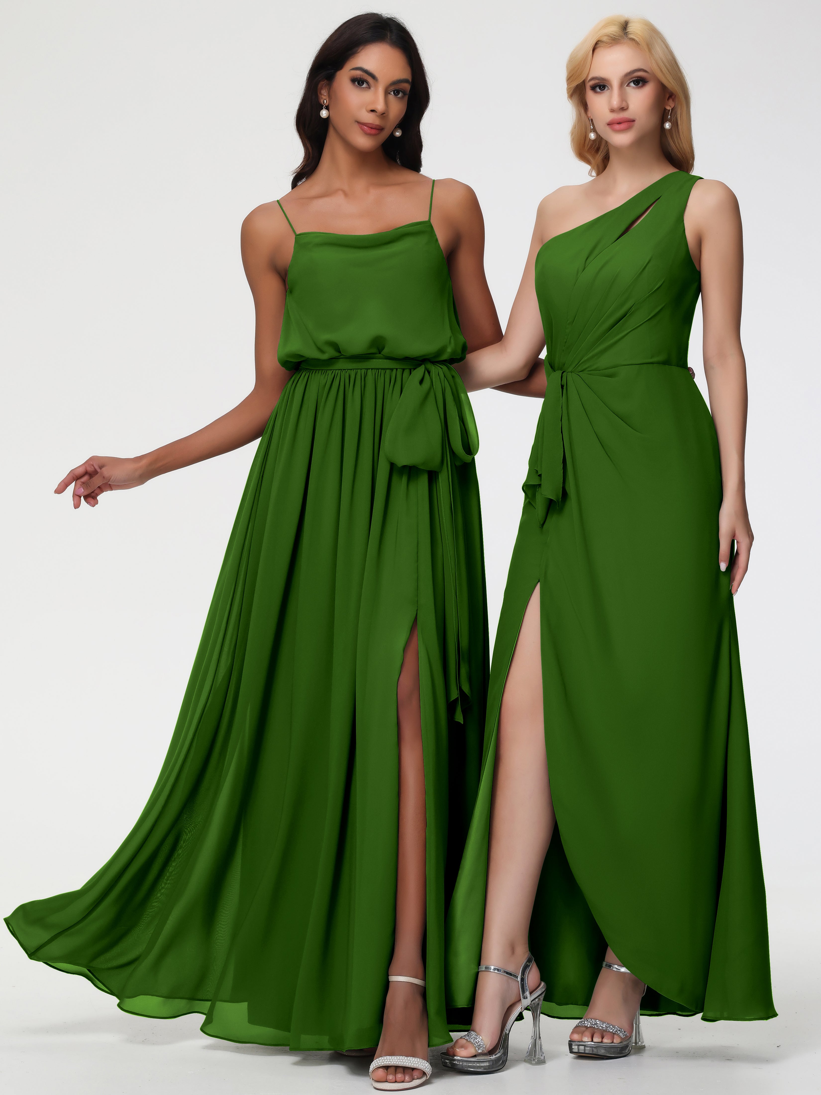 A-Line Cowl Spaghetti Straps Sleeveless Long Split Chiffon Bridesmaid Dresses