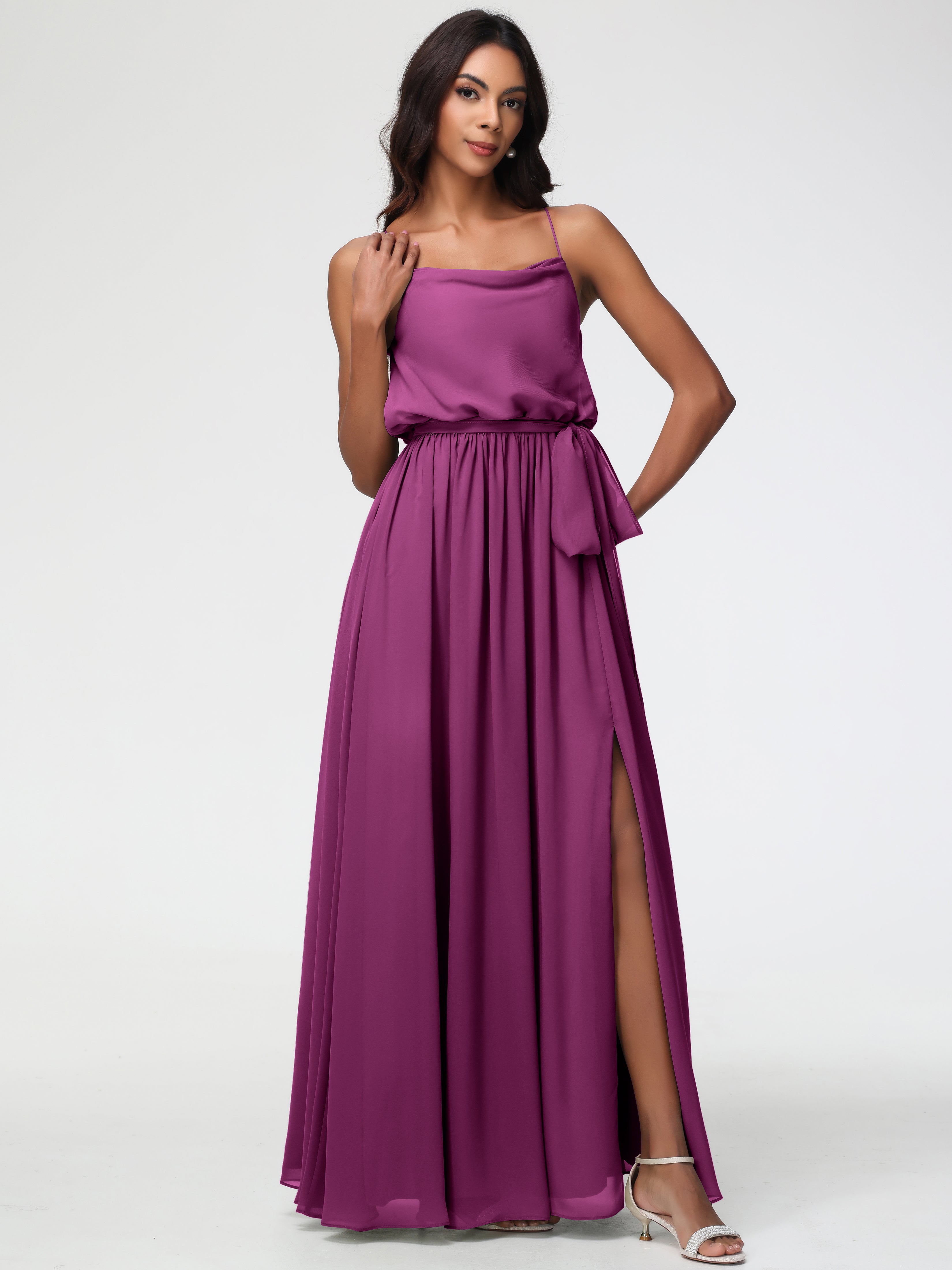 A-Line Cowl Spaghetti Straps Sleeveless Long Split Chiffon Bridesmaid Dresses (Copy)
