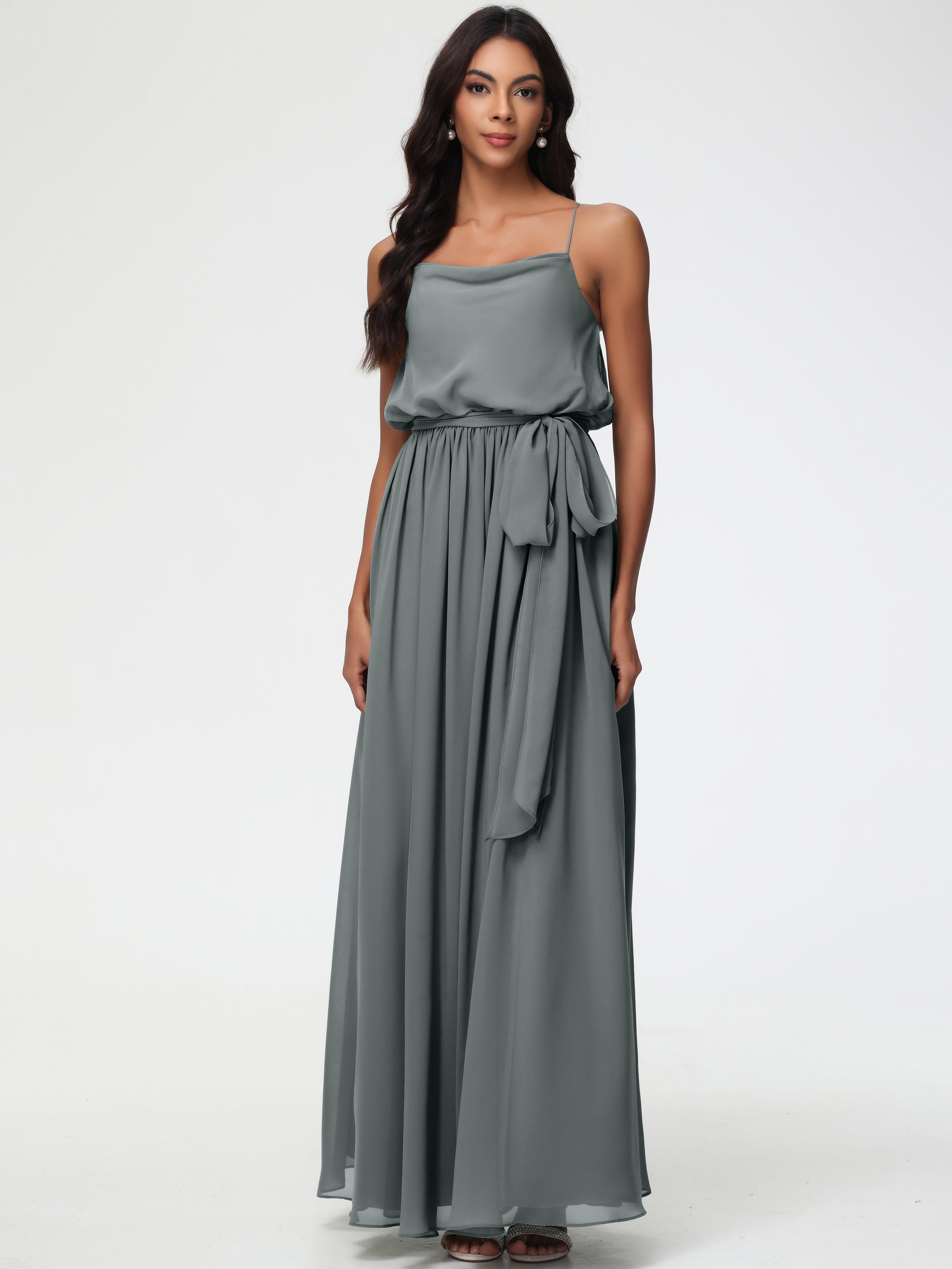 Steel Blue Grey Bridesmaid Dresses A-Line Cowl Spaghetti Straps Sleeve