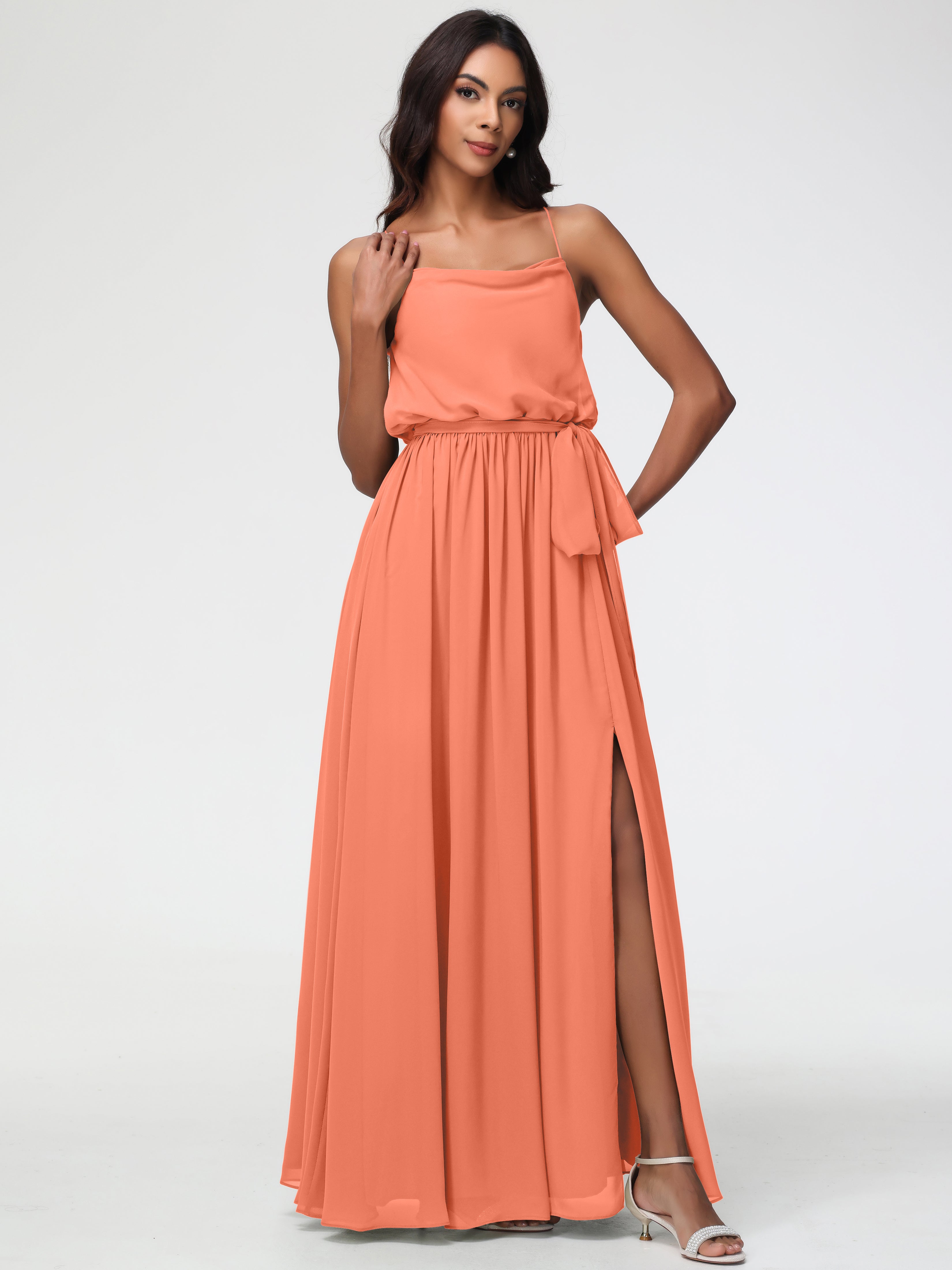 A-Line Cowl Spaghetti Straps Sleeveless Long Split Chiffon Bridesmaid Dresses (Copy)
