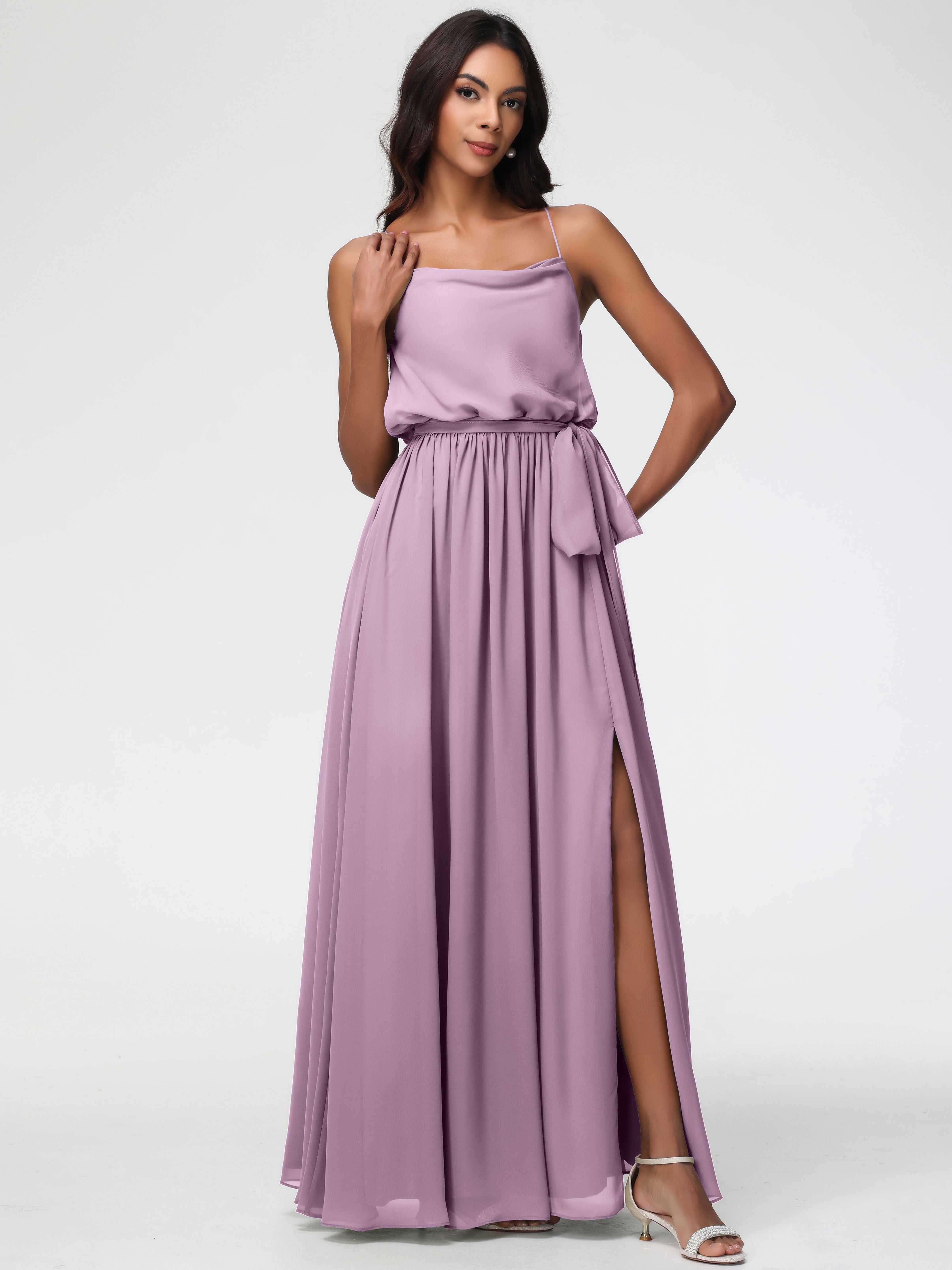 A-Line Cowl Spaghetti Straps Sleeveless Long Split Chiffon Bridesmaid Dresses (Copy)