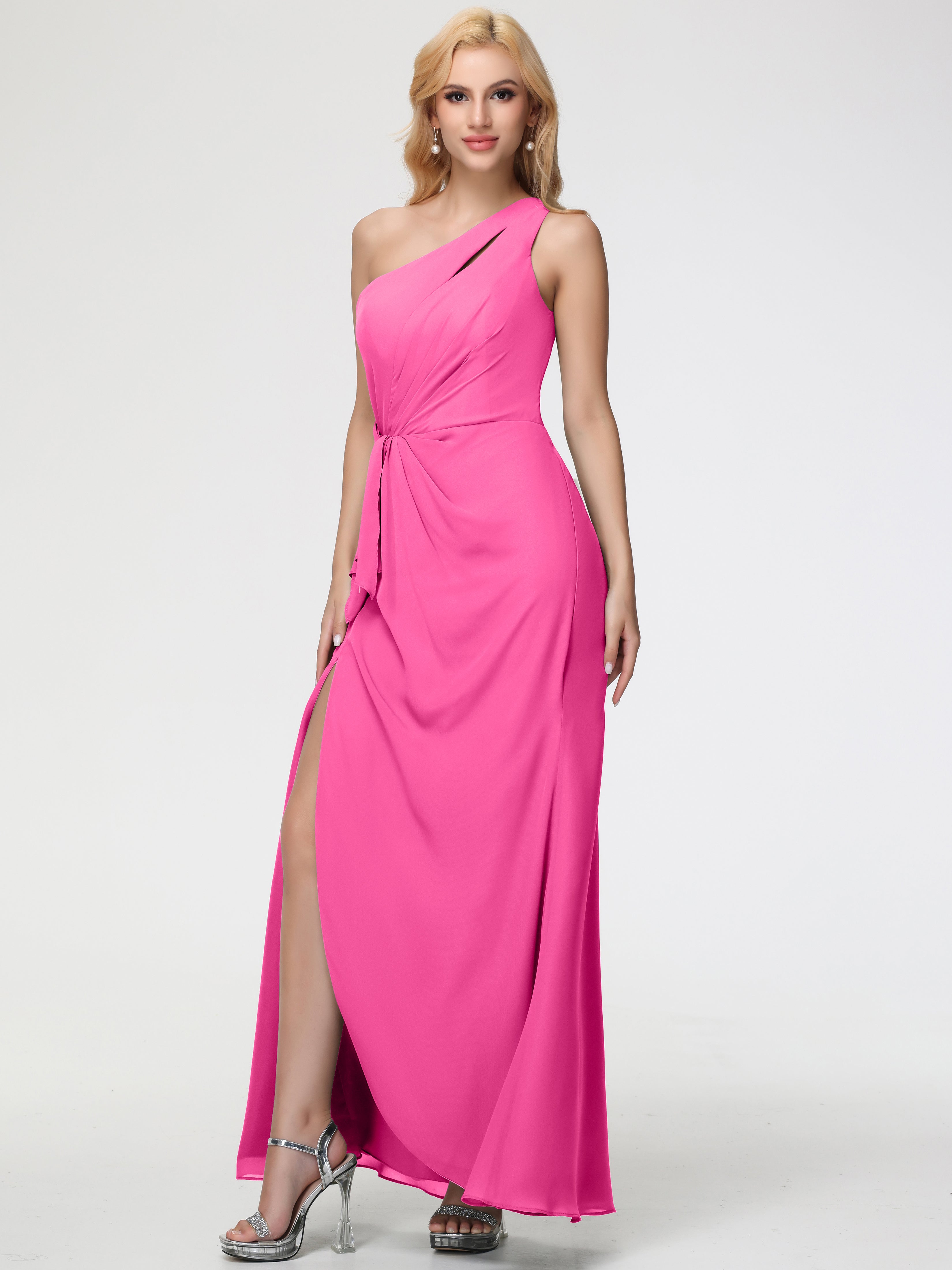 One Shoulder Sheath/Column Sleeveless Long Split Chiffon Bridesmaid Dresses