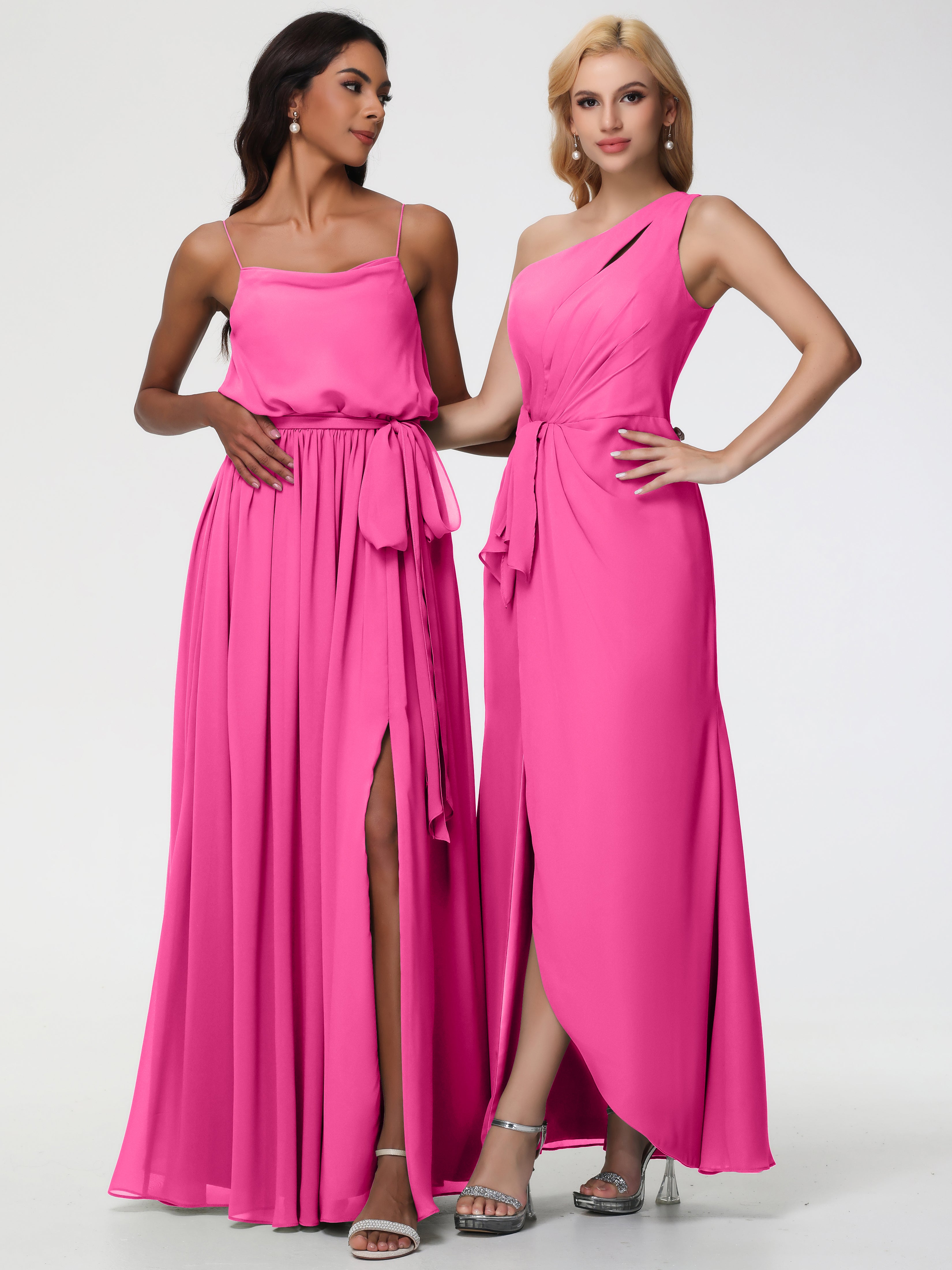 One Shoulder Sheath/Column Sleeveless Long Split Chiffon Bridesmaid Dresses