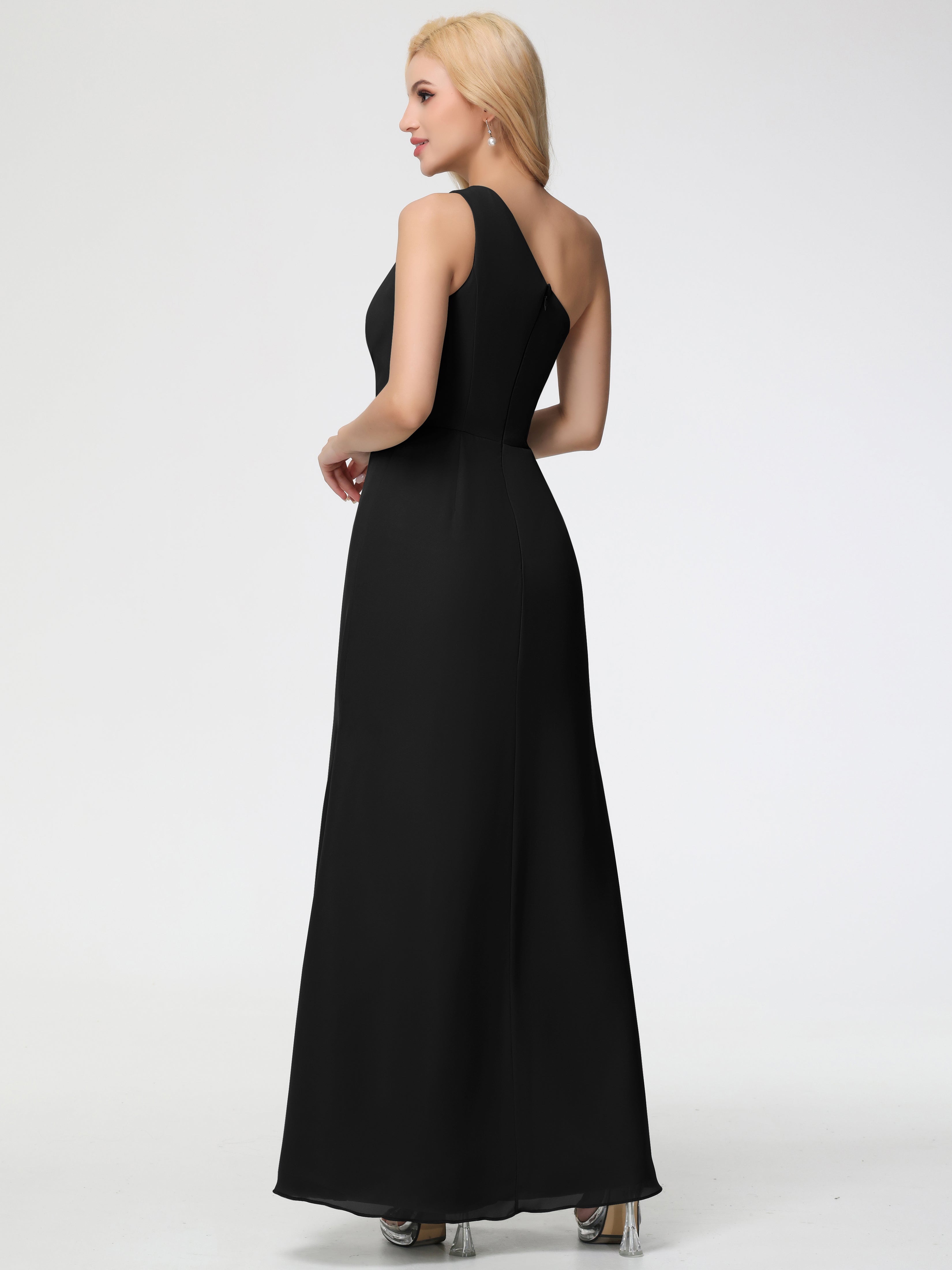 One Shoulder Sheath/Column Sleeveless Long Split Chiffon Bridesmaid Dresses