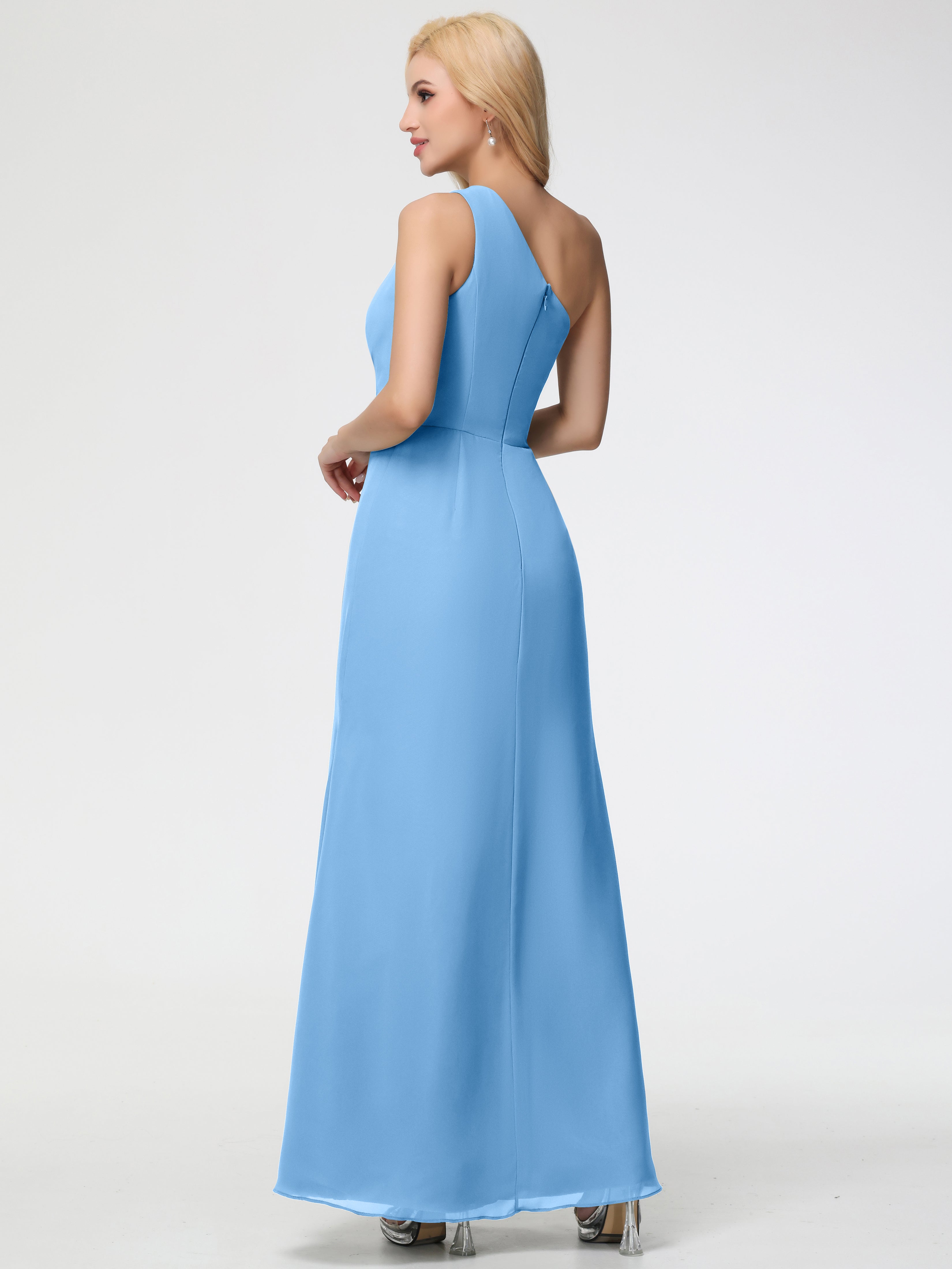 One Shoulder Sheath/Column Sleeveless Long Split Chiffon Bridesmaid Dresses