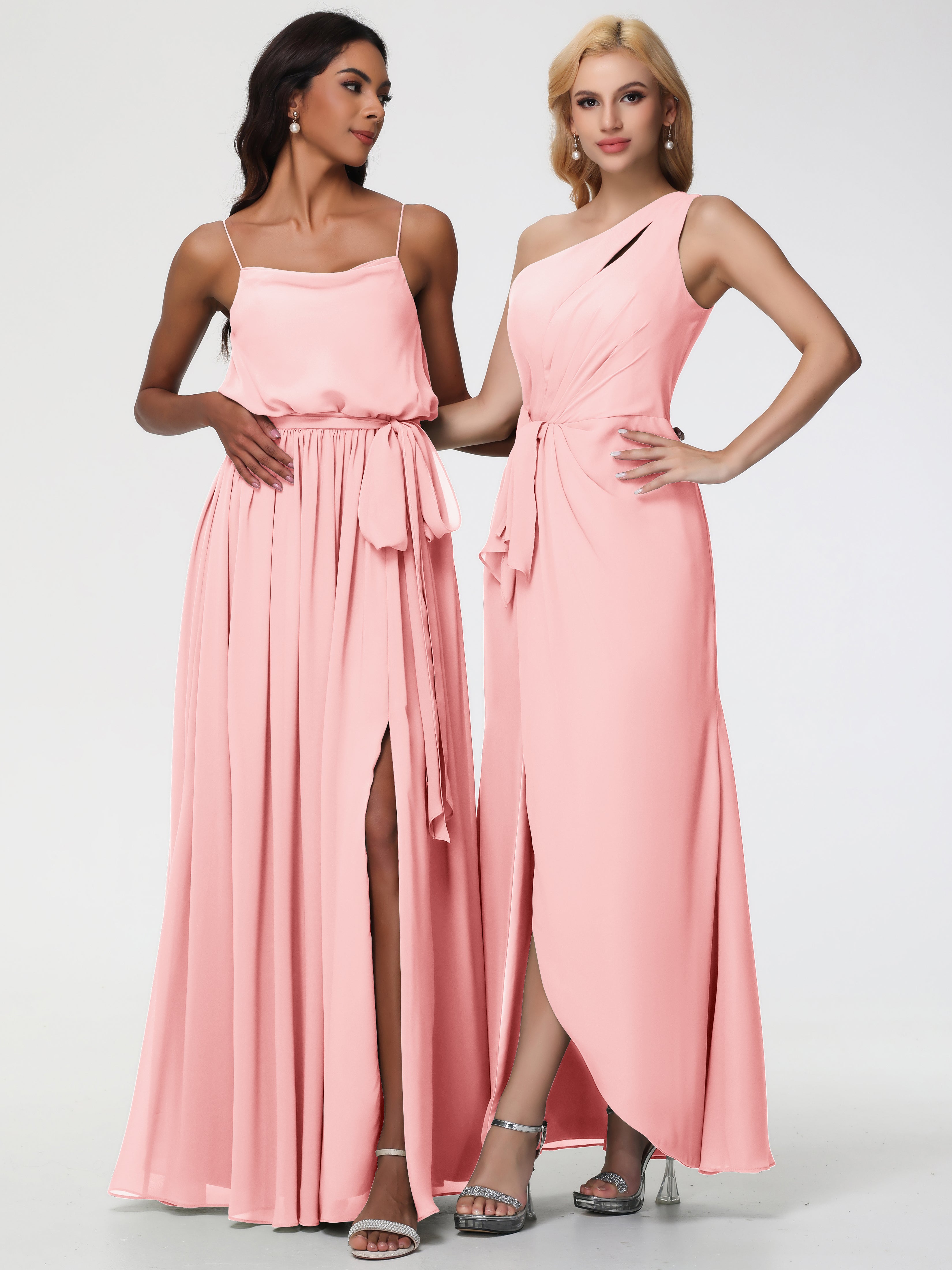 One Shoulder Sheath/Column Sleeveless Long Split Chiffon Bridesmaid Dresses