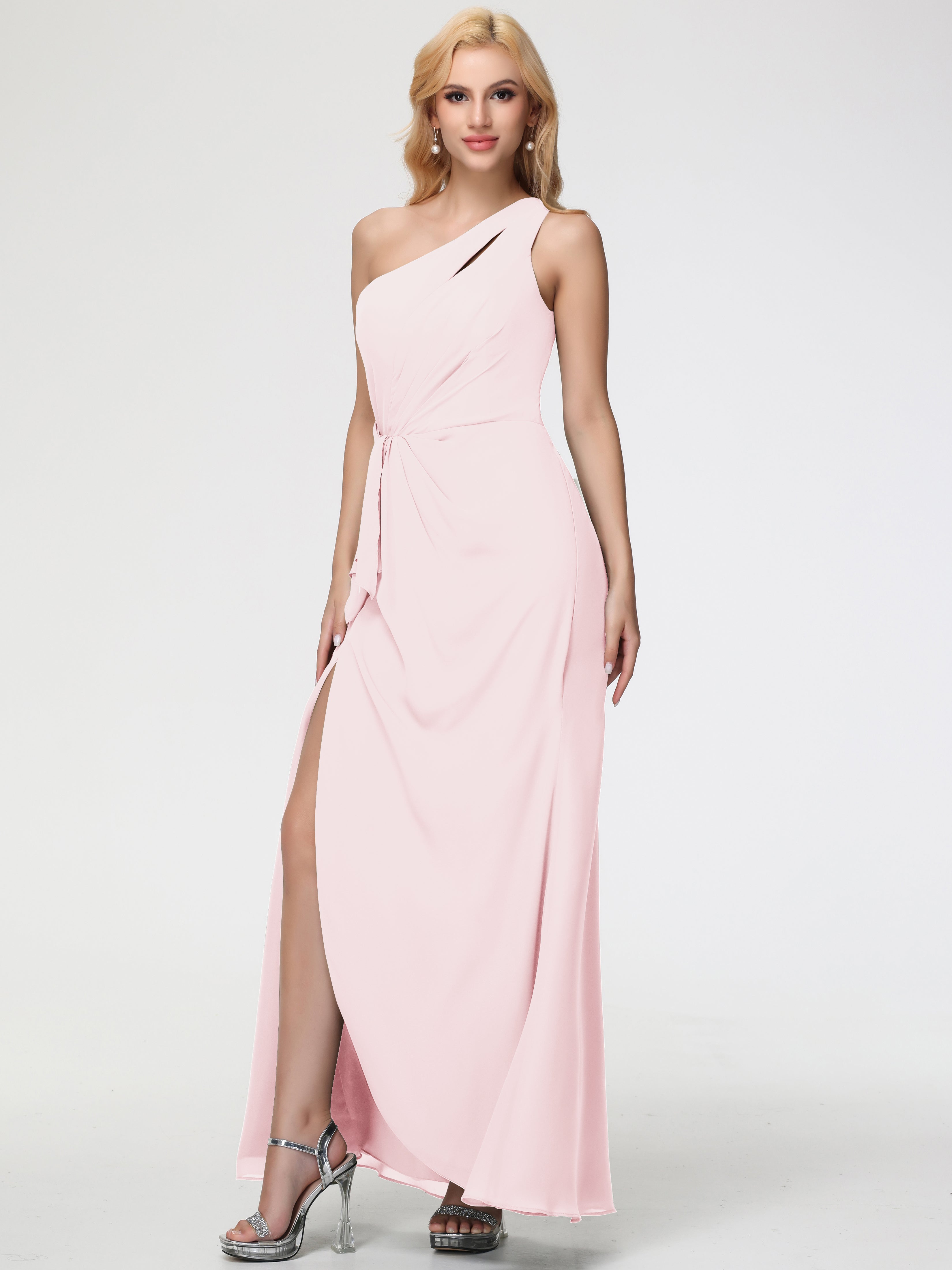 One Shoulder Sheath/Column Sleeveless Long Split Chiffon Bridesmaid Dresses