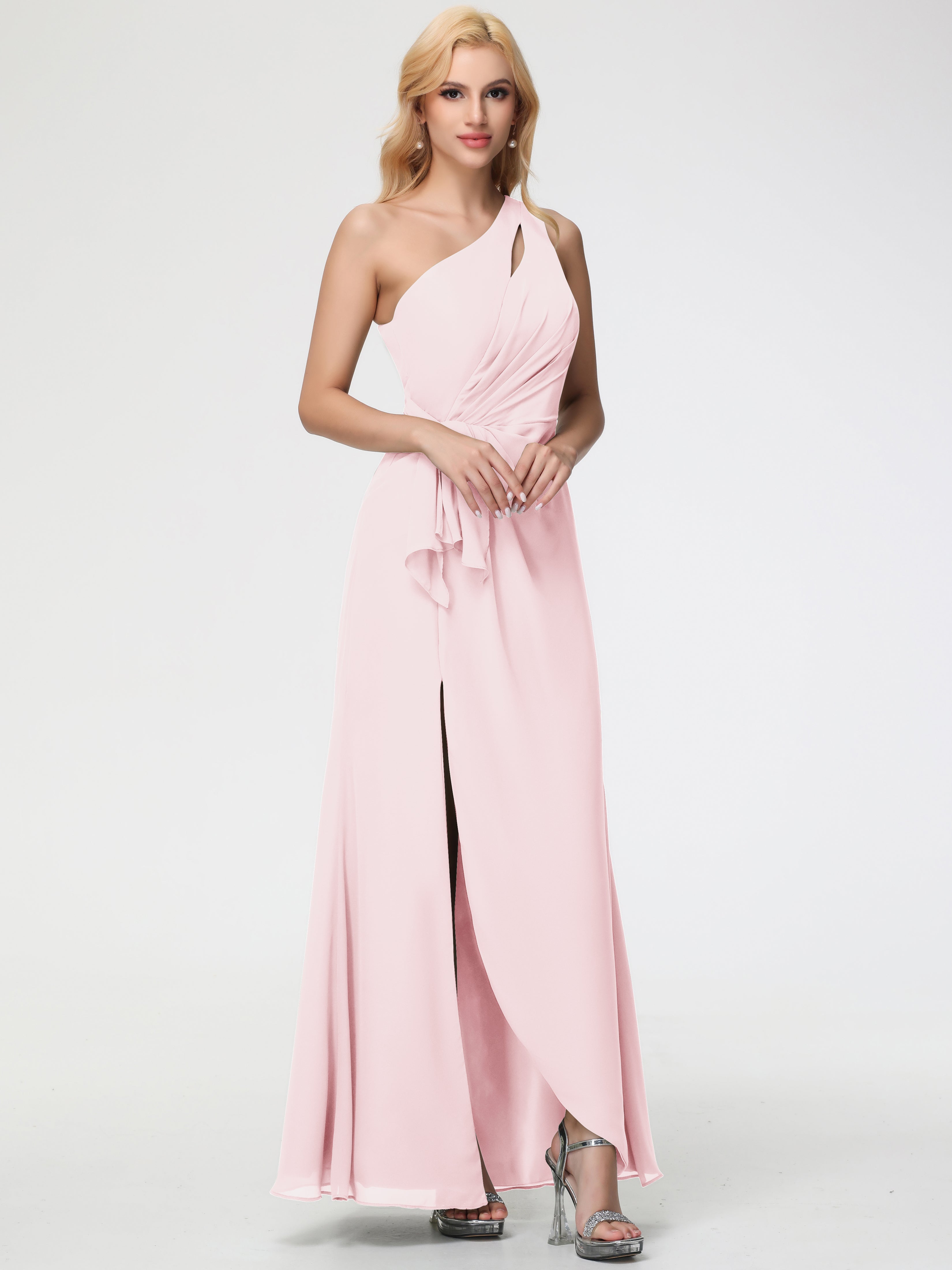 One Shoulder Sheath/Column Sleeveless Long Split Chiffon Bridesmaid Dresses