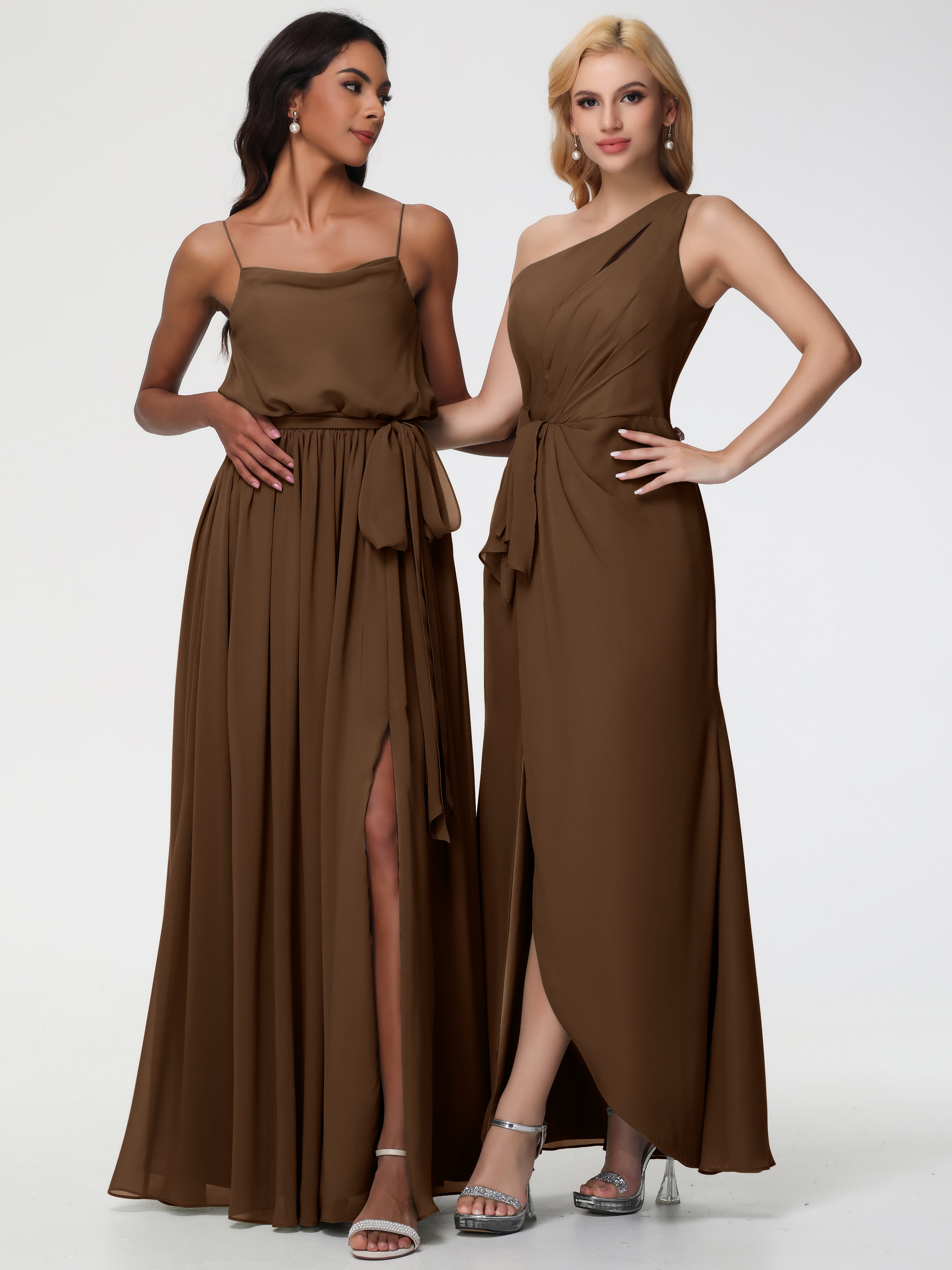 One Shoulder Sheath/Column Sleeveless Long Split Chiffon Bridesmaid Dresses