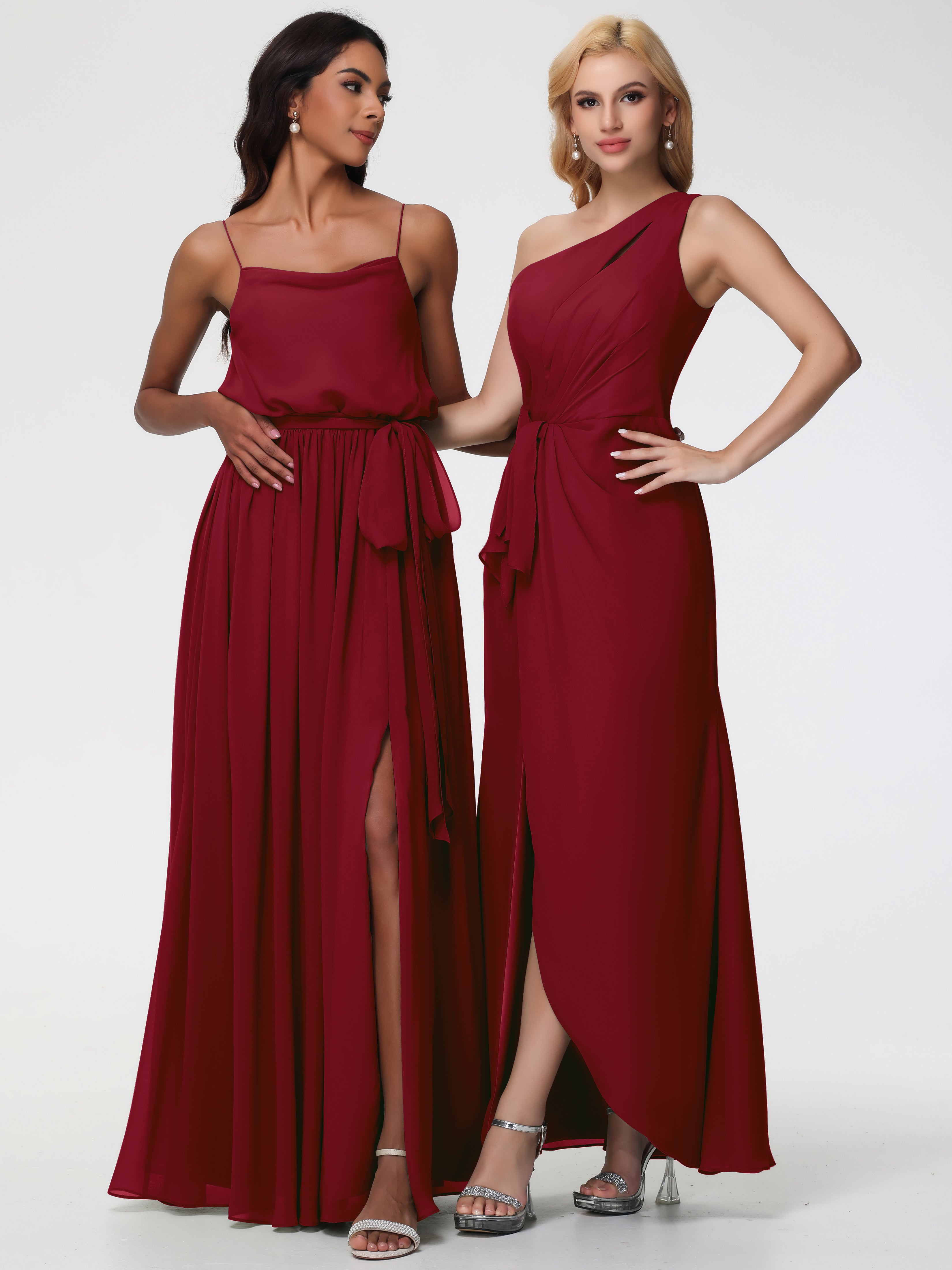 One Shoulder Sheath/Column Sleeveless Long Split Chiffon Bridesmaid Dresses
