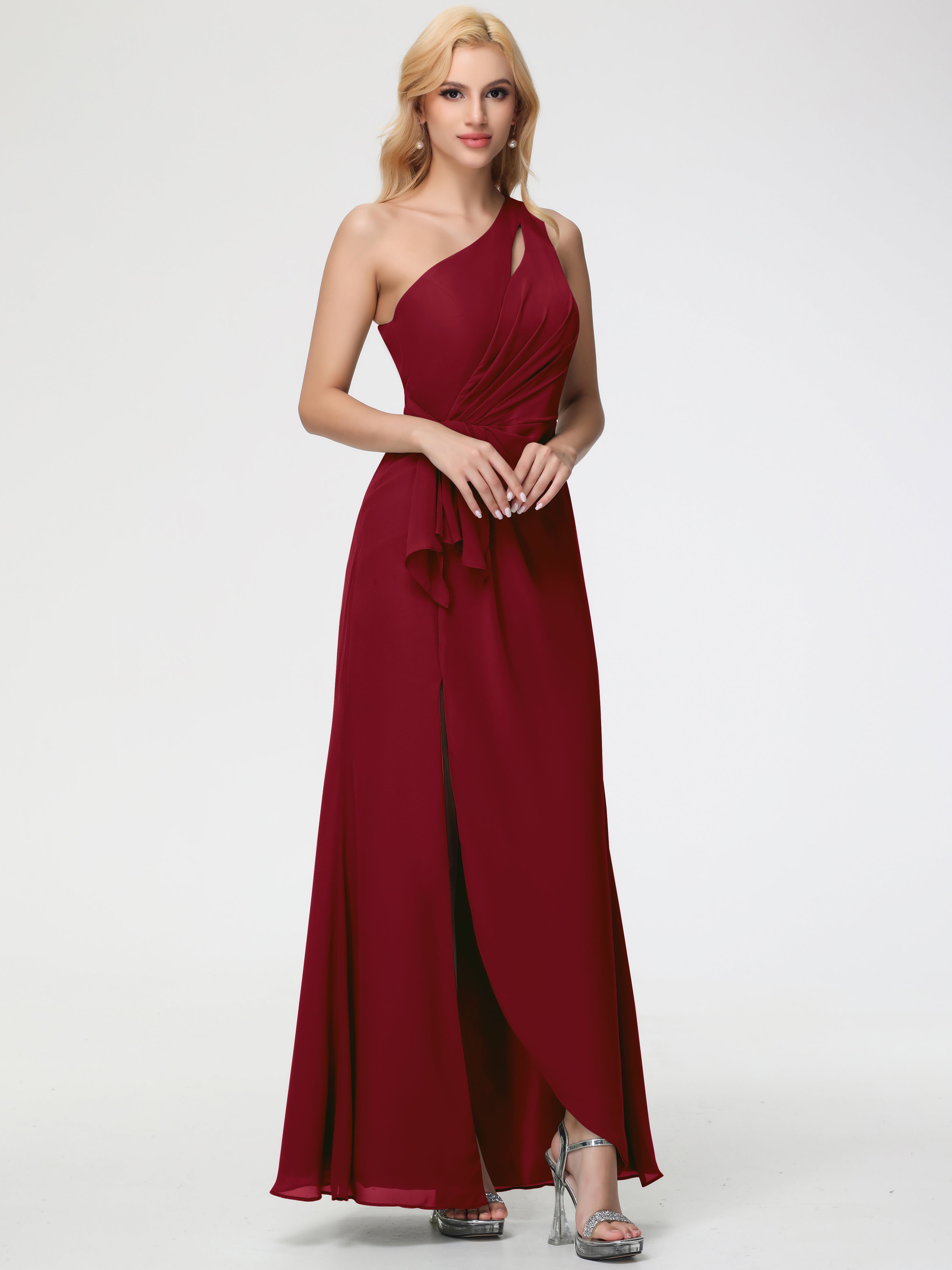 One Shoulder Sheath/Column Sleeveless Long Split Chiffon Bridesmaid Dresses