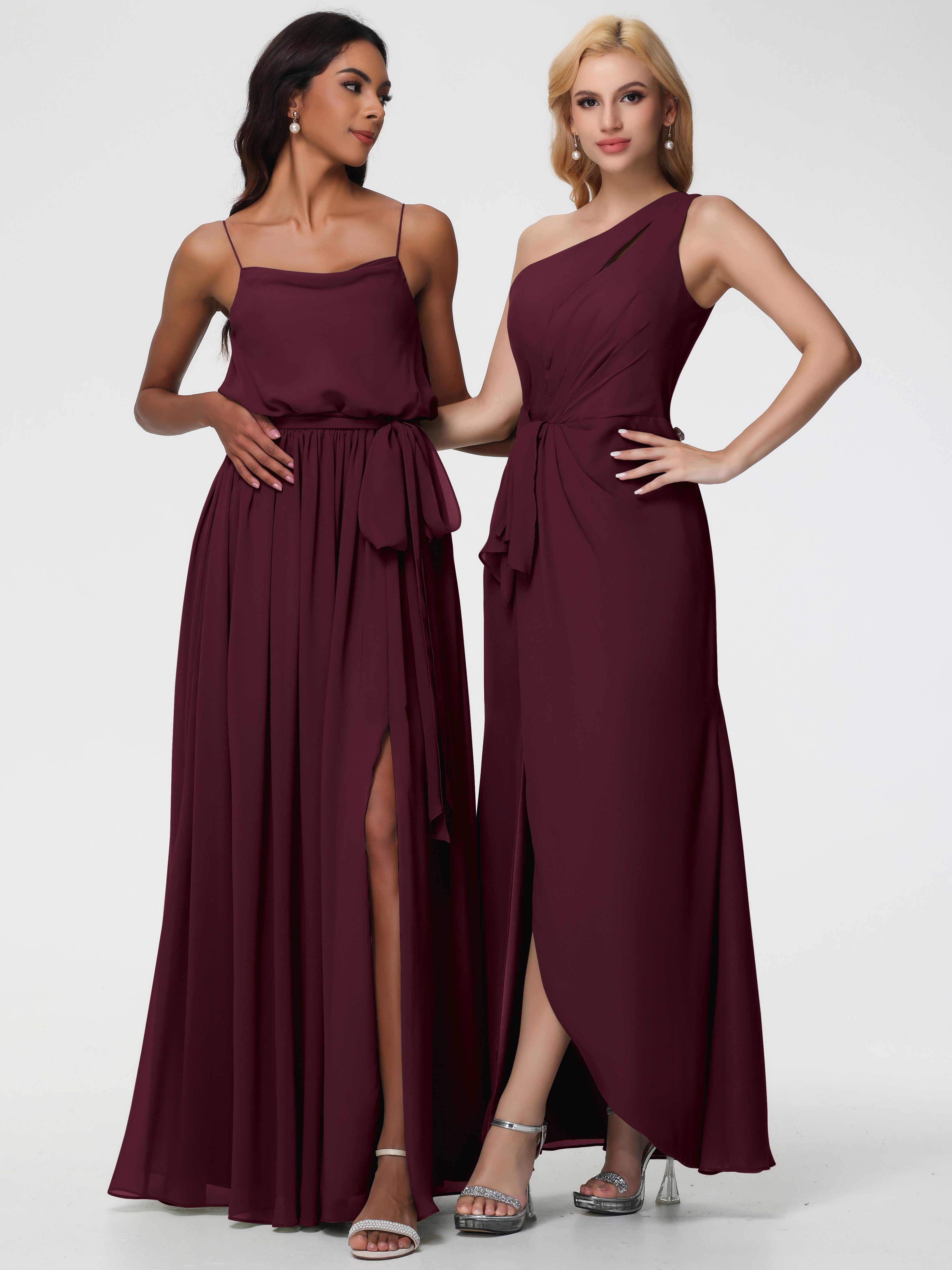 One Shoulder Sheath/Column Sleeveless Long Split Chiffon Bridesmaid Dresses