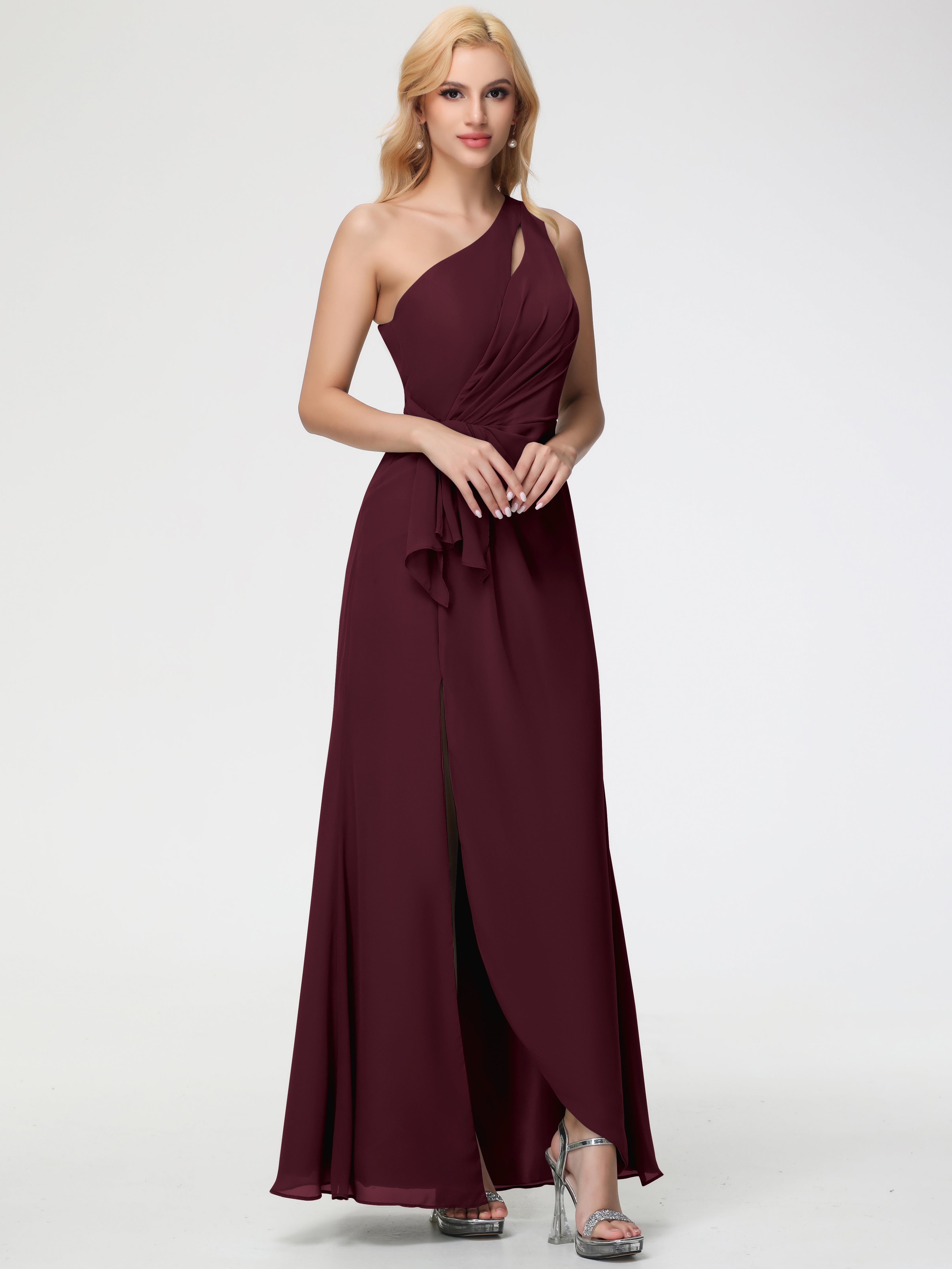 One Shoulder Sheath/Column Sleeveless Long Split Chiffon Bridesmaid Dresses