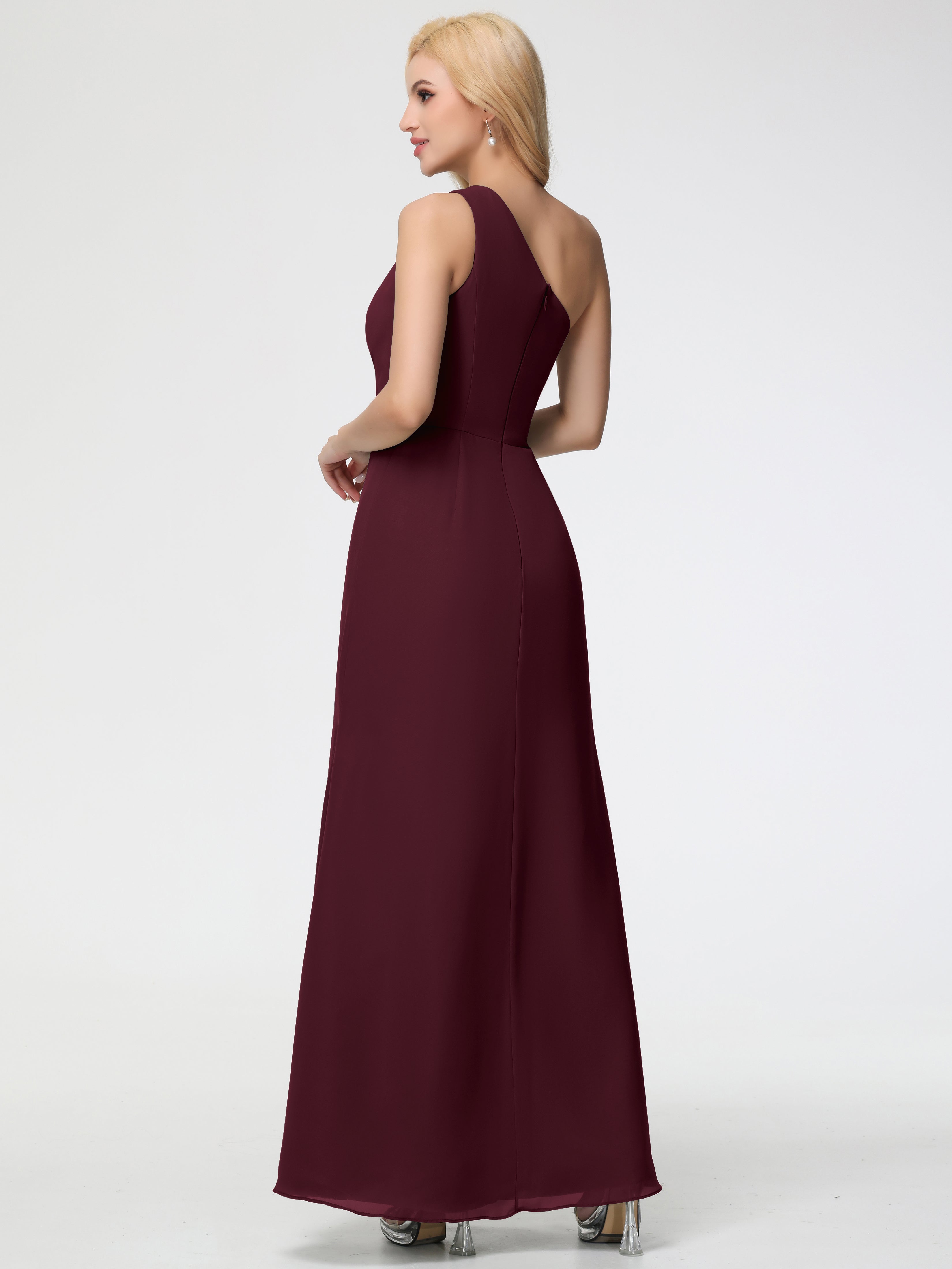 One Shoulder Sheath/Column Sleeveless Long Split Chiffon Bridesmaid Dresses