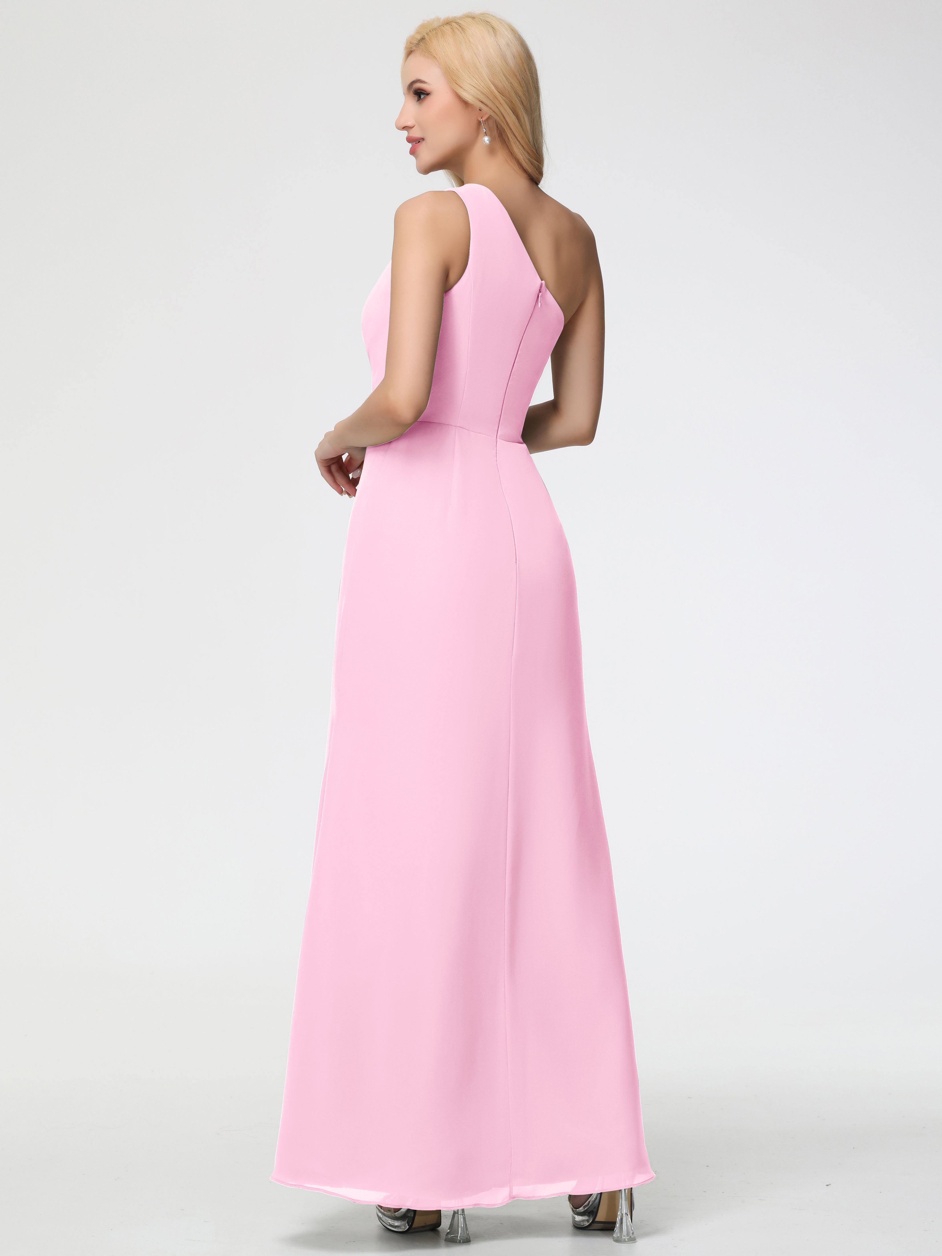 One Shoulder Sheath/Column Sleeveless Long Split Chiffon Bridesmaid Dresses