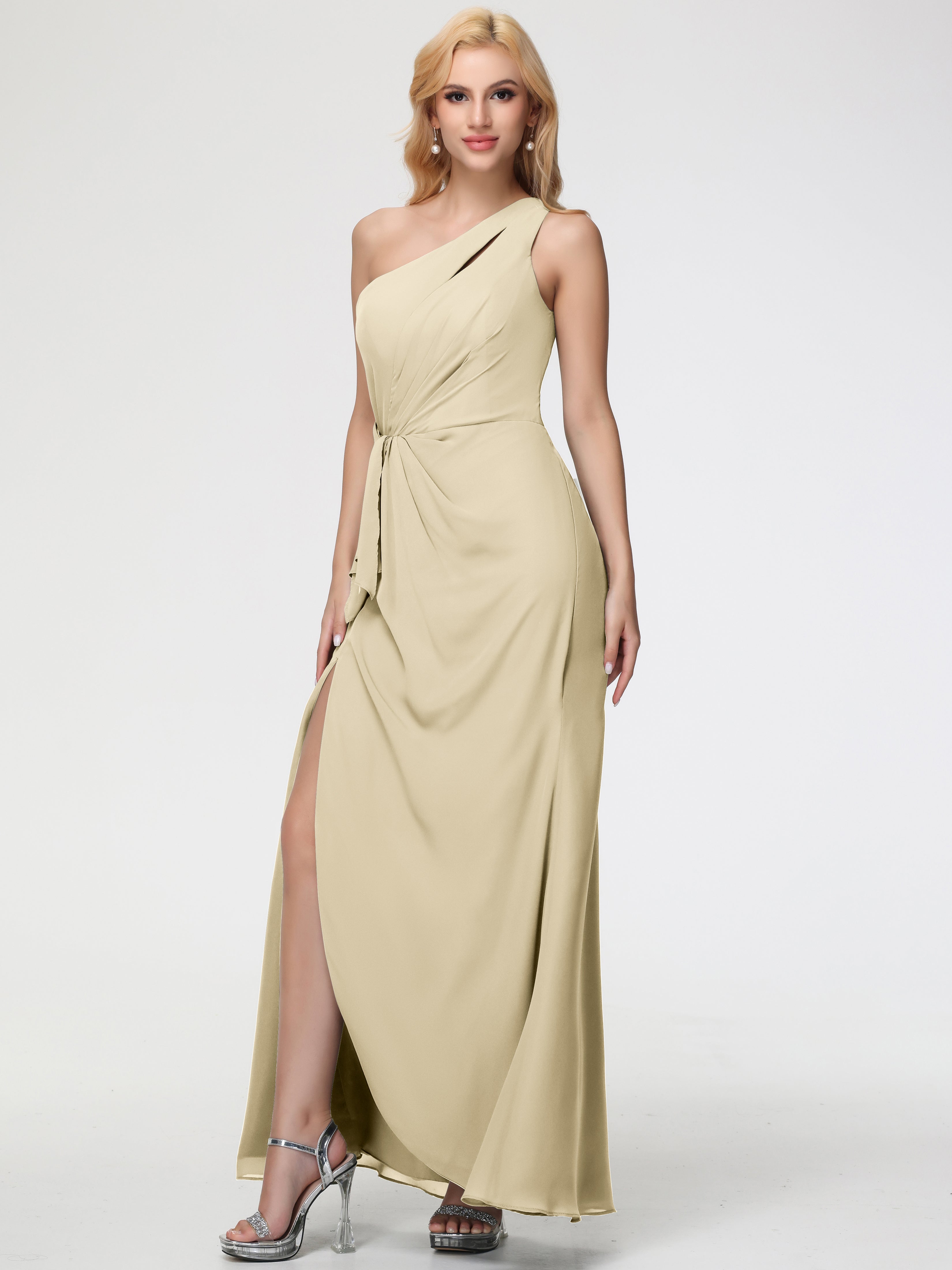 One Shoulder Sheath/Column Sleeveless Long Split Chiffon Bridesmaid Dresses