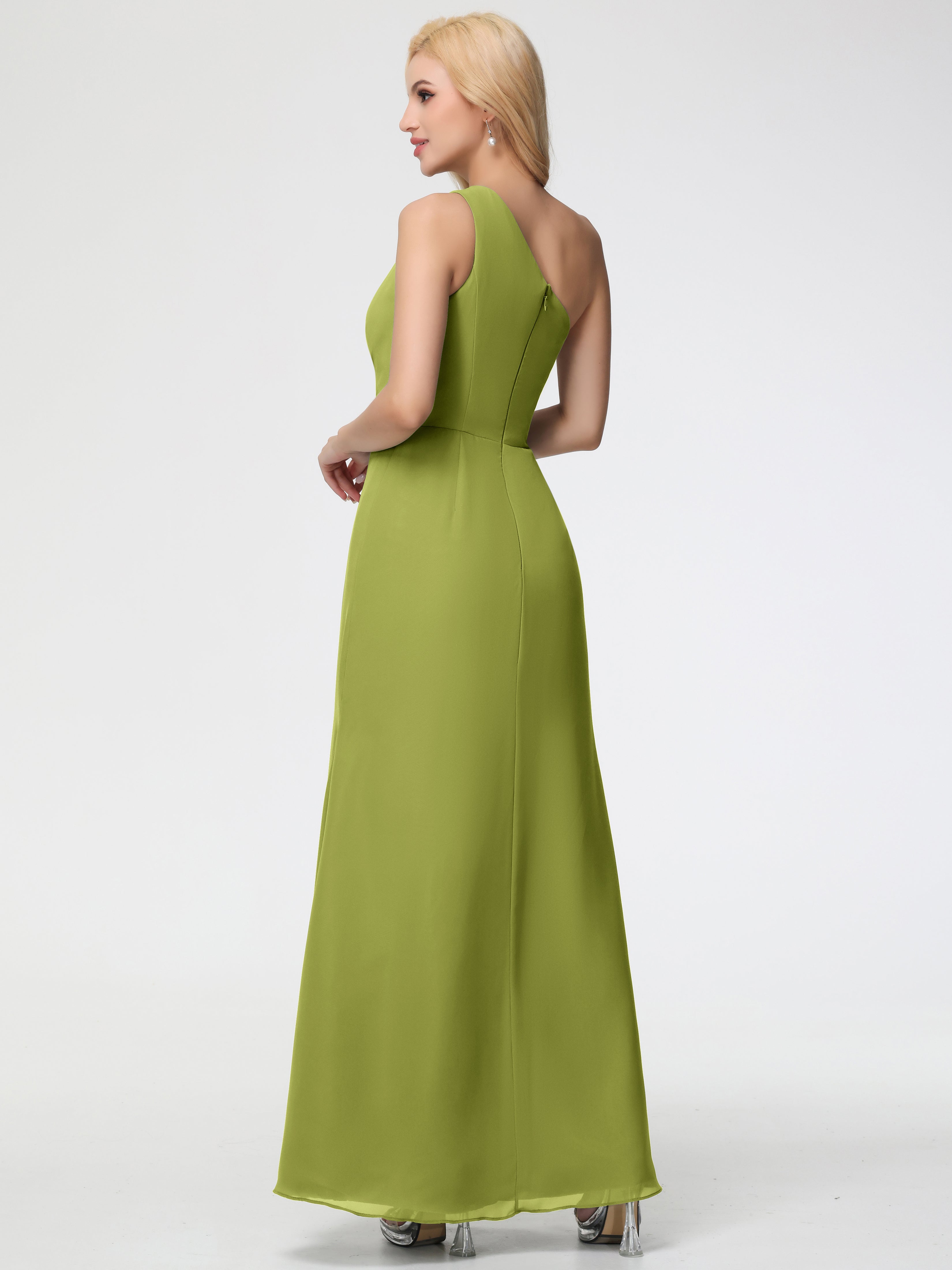 One Shoulder Sheath/Column Sleeveless Long Split Chiffon Bridesmaid Dresses